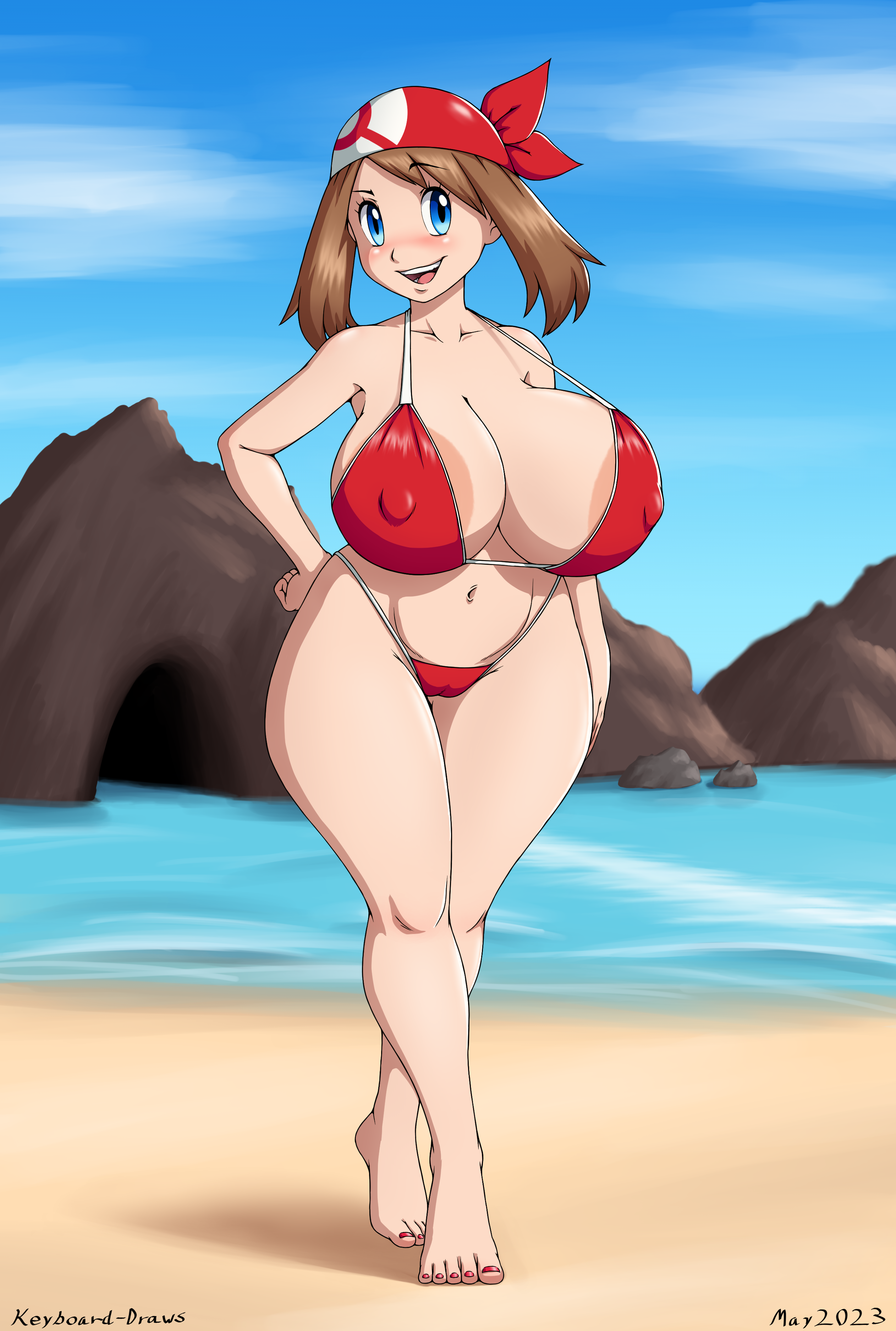 1girls, alternate breast size, alternate version available, areola slip, areolae, armpits, background, bandana, beach, big breasts, bikini, bikini bottom, bikini top, blue eyes, bottomwear, breasts, brown hair, cleavage, feet, female, female only, full body, hair, hand on hip, headwear, hips, huge breasts, keyboard-draws, large breasts, legs, may (pokemon), nail polish, nails, pokemon, pokemon rse, red bikini, red nail polish, red nails, smile, solo, solo female, swimwear, thighs, topwear, wide hips