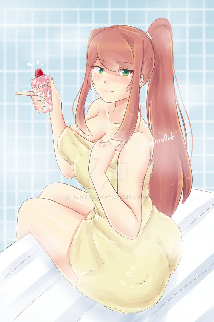 1girls ass bathroom breasts brown_hair doki_doki_literature_club green_eyes holding_bottle large_breasts looking_at_viewer monika_(doki_doki_literature_club) ponytail raionart shampoo shampoo_bottle sitting tile_wall towel towel_only yellow_towel