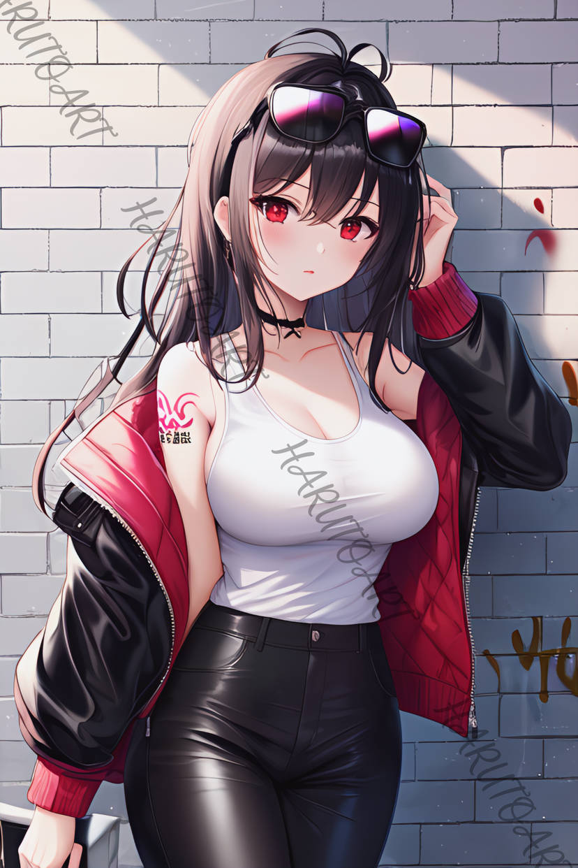 1girls ai_generated black_hair black_jacket black_pants breasts brick_wall choker earrings harutoart high-waist_pants jacket jacket_partially_removed large_breasts long_hair looking_at_viewer original pants red_eyes sunglasses sunglasses_on_head tank_top tattoo tattoo_on_arm white_tank_top