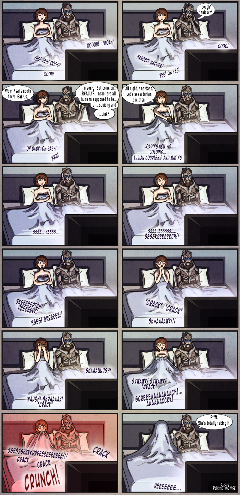 2010 alien bed bedding bioware blanket comic commander_shepard covering covering_self dialogue digital_drawing_(artwork) digital_media_(artwork) duo english_text female femshep furniture garrus_vakarian hi_res human humor looking_at_porn male mammal mass_effect not_furry nude onomatopoeia pillow pokketmowse pornography scared signature smile sound_effects speech_bubble television text turian