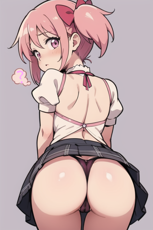 1boy, 1girls, ai generated, ass, ass focus, back view, butt cheeks, butt focus, cute, female, imminent sex, looking back, madoka kaname, madoka worship, magical girl, mahou shoujo madoka magica, male, miniskirt, oblivious, pink eyes, pink hair, pink ribbon, puella magi madoka magica, ribbons, school uniform, schoolgirl, skirt, thighs, thong, thong panties, twintails, upskirt
