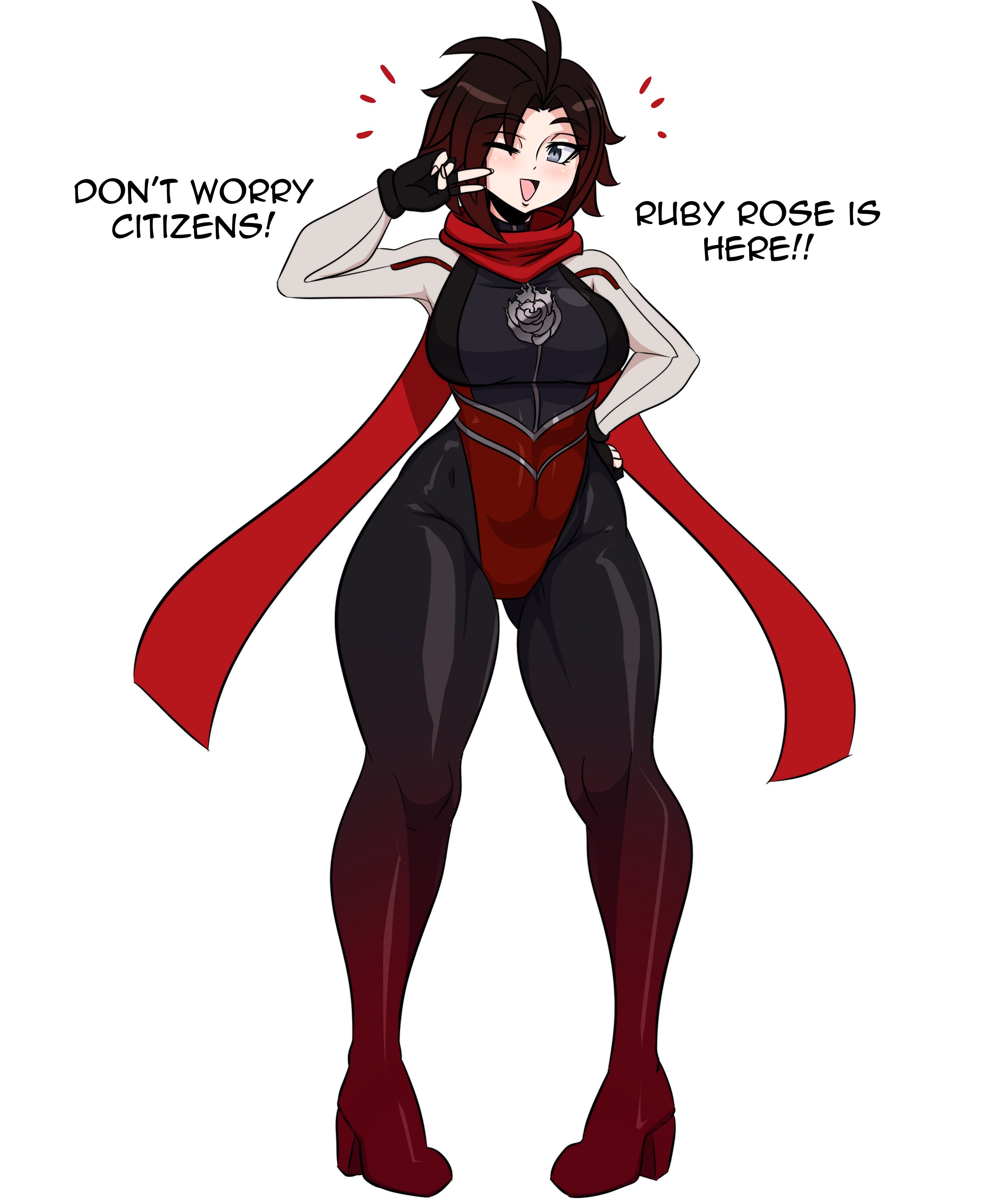 black hair, blush, bodysuit, boots, breasts, brown hair, english text, female, female only, fingerless gloves, full body, gloves, gradient hair, grey eyes, hand on hip, high heel boots, high heels, kinathefox, large breasts, looking at viewer, multicolored hair, one eye closed, open mouth, red hair, red scarf, ruby rose, rwby, scarf, short hair, simple background, smile, solo, standing, thick thighs, white background