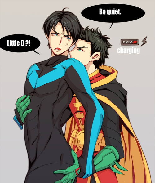 2boys age_difference ass_grab batman_(series) blue_eyes bodysuit cape chain247 charging_battery damian_wayne dc dc_comics dick_grayson english_text gay gloves grabbing_ass grabbing_from_behind green_eyes groping_ass groping_from_behind hand_on_ass hand_on_butt male male/male male_focus male_only nightwing robin_(damian_wayne) robin_(dc) skin_tight smaller_dominant speech_bubble tight_clothing yaoi younger_dom_older_sub