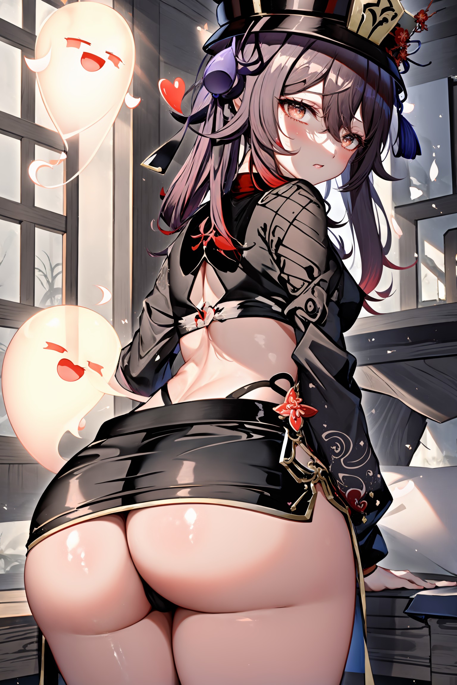 1girls, ai generated, anthro, areolae, ass, big ass, big butt, blush, breasts, brown hair, female, female only, genshin impact, ghost, hat, hu tao (genshin impact), panties, solo