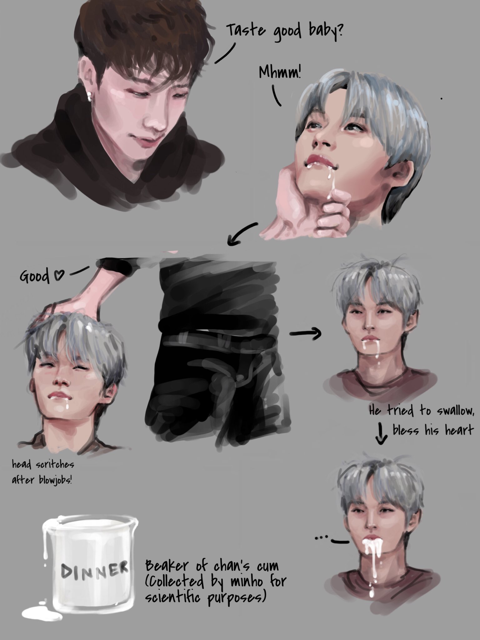 2boys, asian, asian male, bang chan, celebrity, cum, english text, gay, hand on chin, hand on head, lee know, male, male focus, male only, musician, real person, simple background, stray kids, text, yaoi
