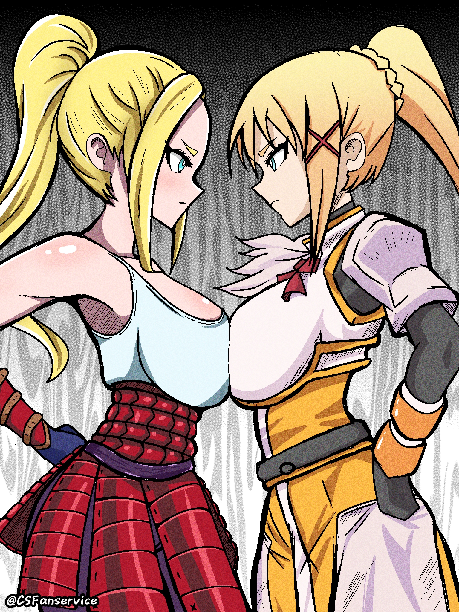 2girls, artist name, asian clothing, beatrix amerhauser, big breasts, blonde hair, blonde-haired female, blue eyes, breast press, breast squeeze, breast squish, breasts, crossover, csfanservice, darkness (konosuba), female, hand on hip, hand on own hip, kono subarashii sekai ni shukufuku wo!, light skin, long hair, multiple females, multiple girls, side view, sideboob, standing, staredown, symmetrical docking, white female, zom 100: zombie ni naru made ni shitai 100 no koto
