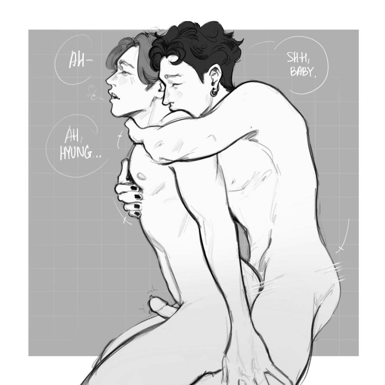 2boys, anal, anal sex, bang chan, celebrity, completely nude, ear piercing, gay, lee felix, male, male focus, male only, monochrome, musician, naked, nude, penis, real person, stray kids, text, yaoi