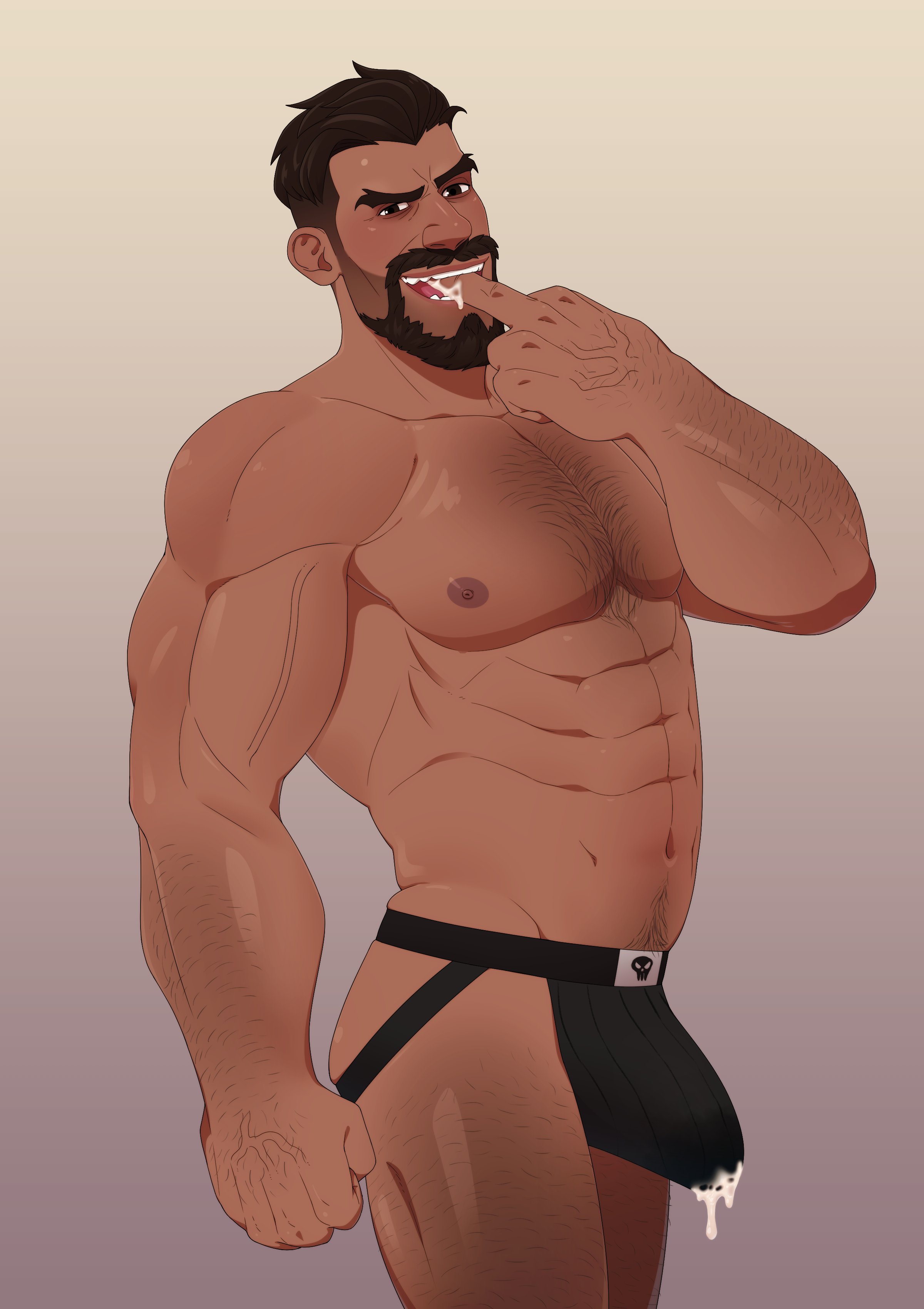 abs, body hair, boner, bulge, cum, cum in mouth, cum on clothes, erection, flipping off, gabriel reyes, happy trail, jockstrap, male, male focus, male only, muscular, navel, nipples, overwatch, overwatch 2, pecs, reaper, smith (ardp13), smithswhc, solo, solo male, vein, veins, veiny