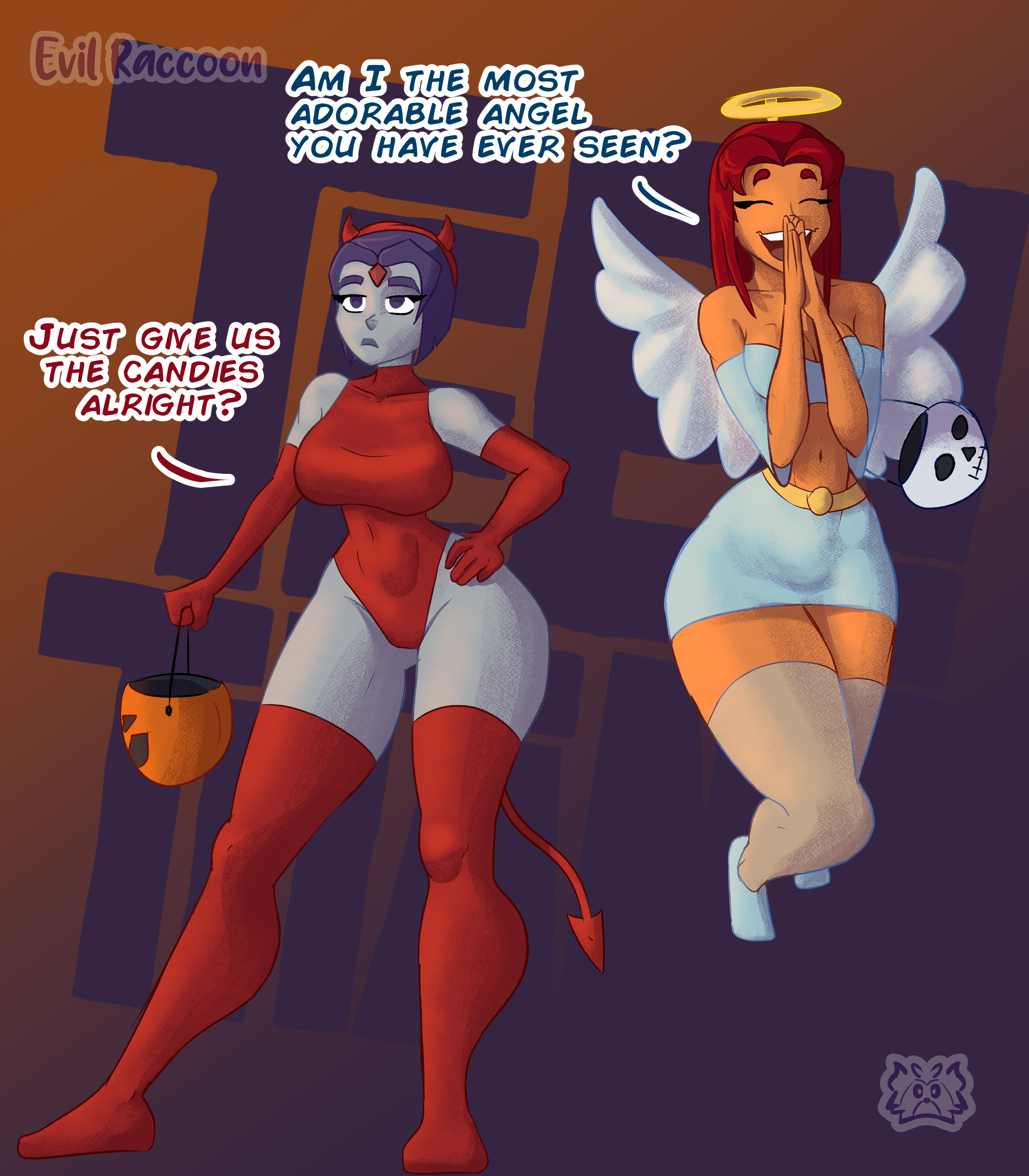 2girls, angel, angel wings, big breasts, breasts, dc, dc comics, demon, demon girl, demon horns, demon tail, devil, devil horns, english text, evil raccoon, female, female only, floating, grey skin, halloween, koriand'r, long hair, multiple females, multiple girls, orange hair, orange skin, praying, purple hair, purple skin, rachel roth, raven (dc), red hair, short hair, starfire, teen titans, text, trick or treat