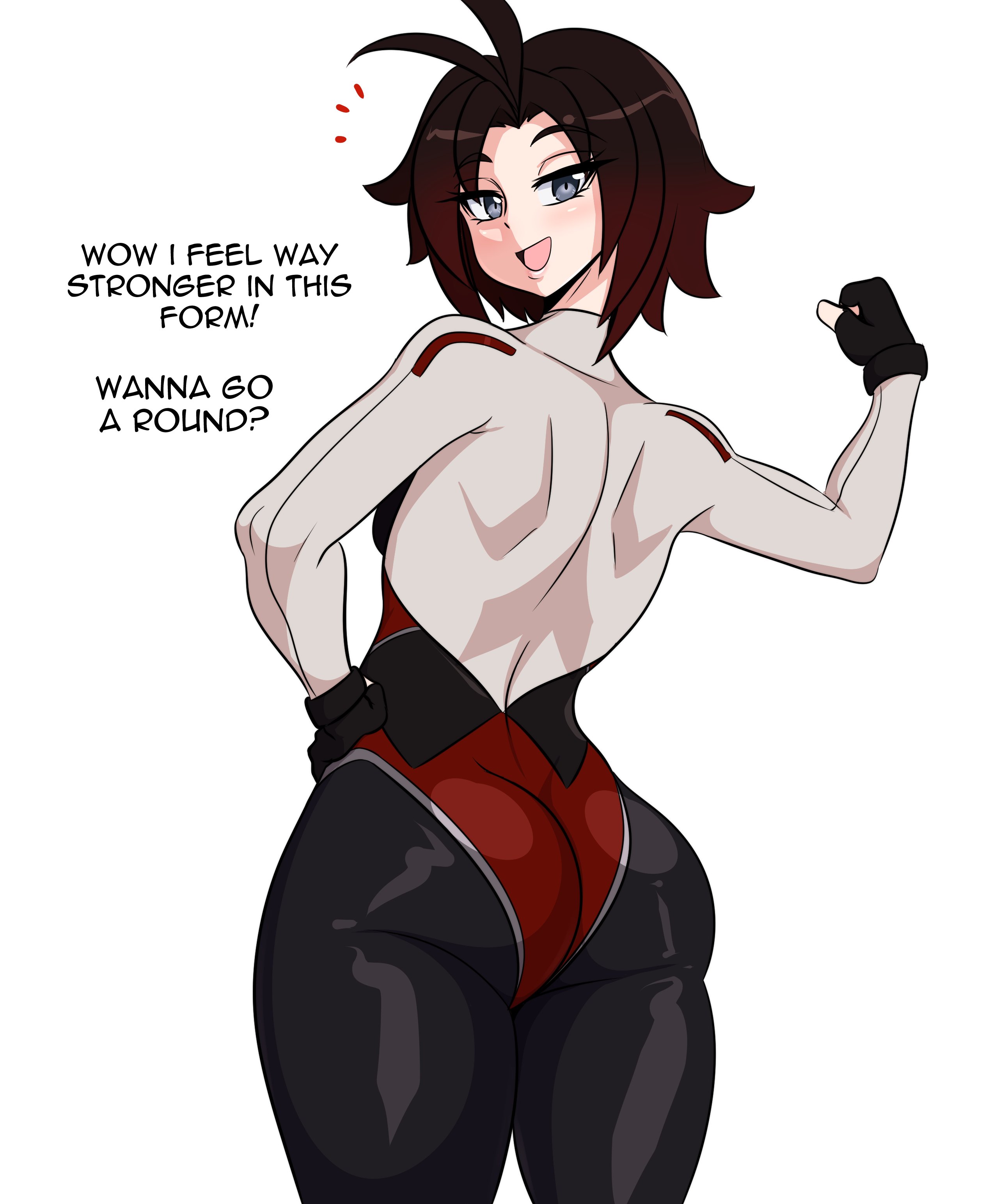 ass, ass focus, black hair, blush, bodysuit, dc, dc comics, english text, female, female only, fingerless gloves, from behind, gloves, gradient hair, grey eyes, hand on hip, justice league x rwby: super heroes and huntsmen, kinathefox, looking at viewer, looking back, multicolored hair, open mouth, red hair, ruby rose, rwby, short hair, smile, solo, thighs, white background, wide hips