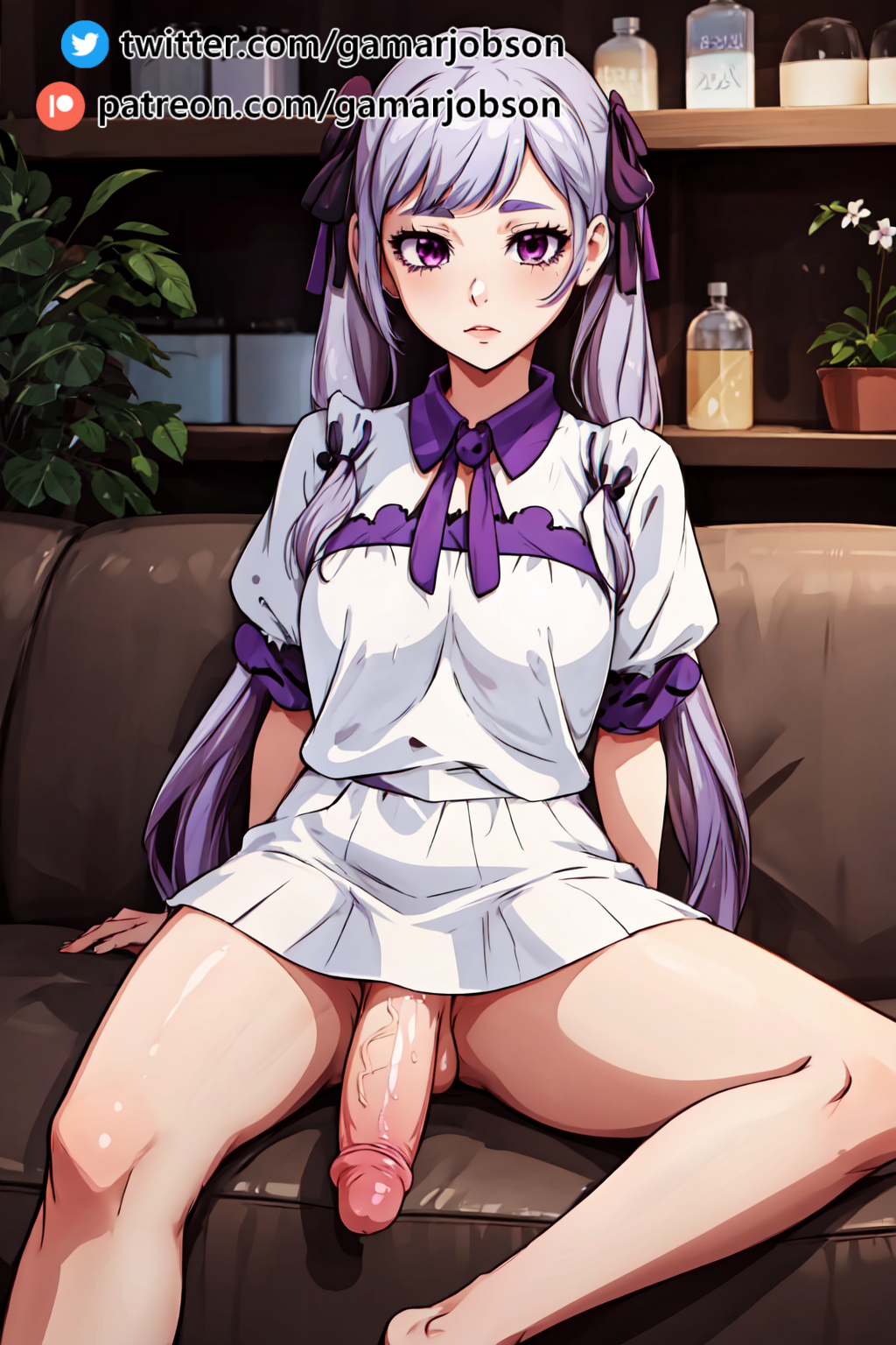 ai generated, big penis, black clover, flaccid, flaccid penis, futa only, futanari, gamarjobson, intersex, looking at viewer, noelle silva, penis, penis out, purple eyes, silver hair, sitting