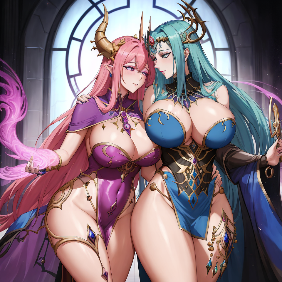 2girls ai_clothes ai_generated ai_hands big_ass blue_clothes blue_clothing bubble_butt chaos_(warhammer) cross_species elf female female_only human large_ass light-skinned_female light_skin pink_clothes pink_clothing same_face slaanesh slaaneshi_cultist thick_thighs tzeentch unstable_diffusion warhammer_(franchise) warhammer_40k warhammer_fantasy wide_hips yuri