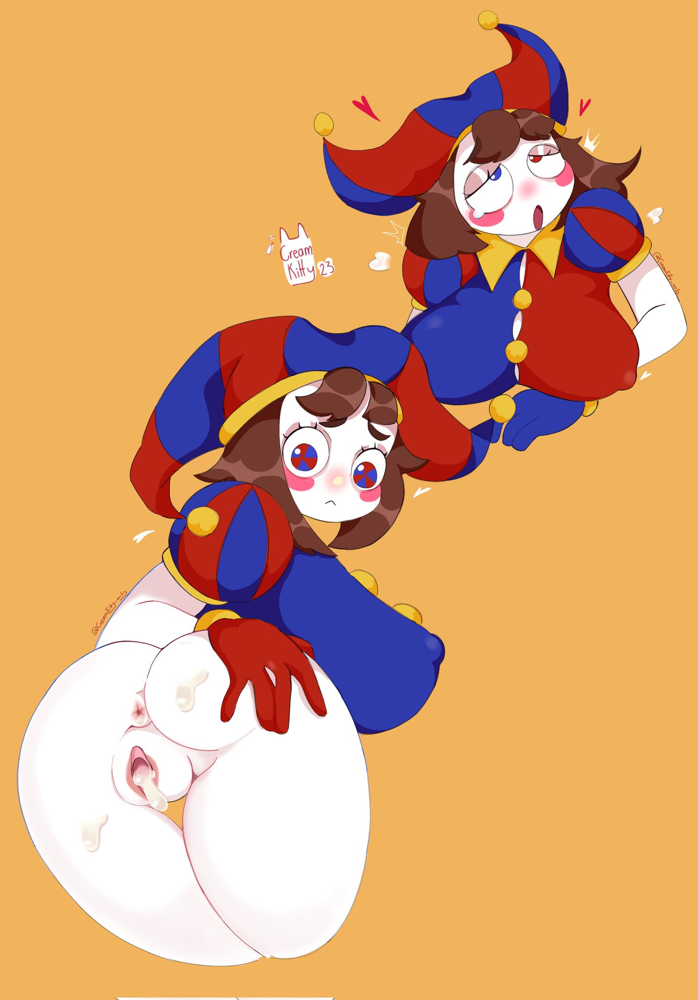 2023, 2d, 2d (artwork), 2d artwork, ahe gao, artist request, ass, asshole, big breasts, big thighs, breasts, cum in pussy, cum leaking, cum leaking out of pussy, cum on ass, female, glitch productions, gooseworx, heart, huge breasts, looking at ass, looking behind, mask, masked female, nipples, nipples visible through clothing, pomni, pomni (the amazing digital circus), pussy, red ribbon, ribbons, spread ass, spreading, tagme, the amazing digital circus, thick thighs, white body