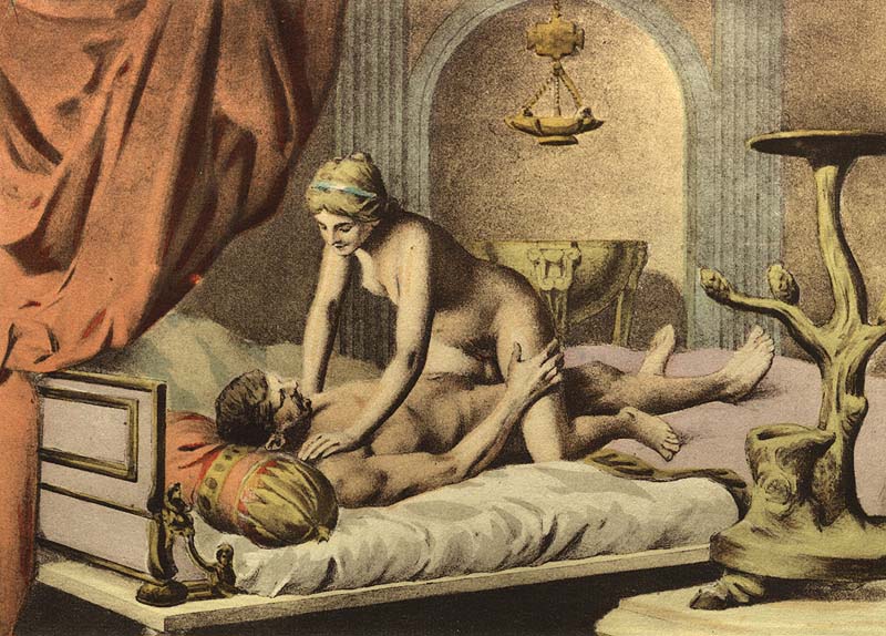 blonde_hair breasts brown_hair chandelier cowgirl_position in_bed painting_(artwork) paul_avril penis pillow pink_bed pubic_hair vulva woman_on_top