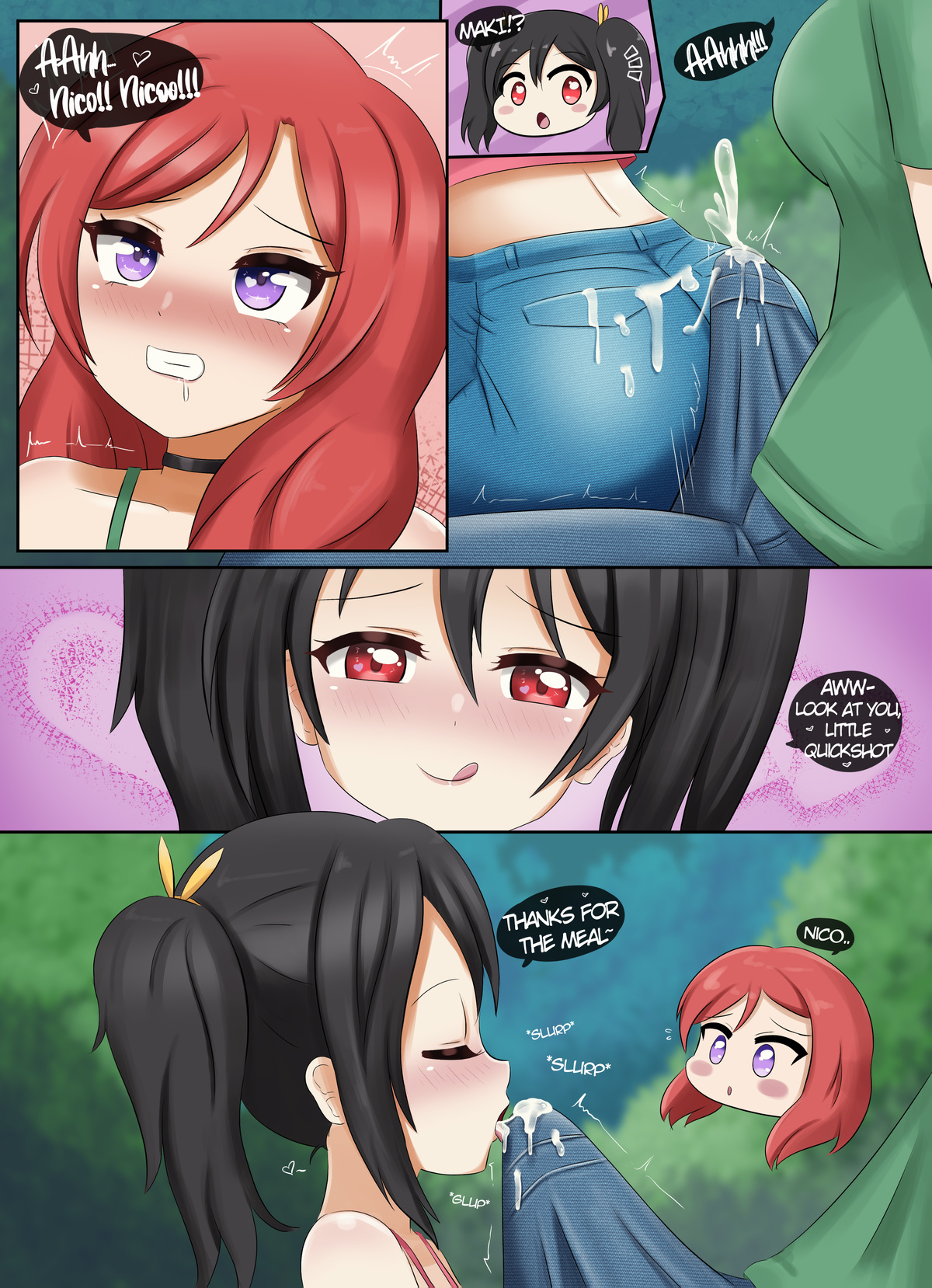 1futa, 1girls, ass, assjob, big ass, big butt, big penis, black hair, blush, blush lines, blushing, blushing female, blushing futa, boner, boner in pants, boner under clothes, breasts, bubble ass, bubble butt, buttjob, clothed, clothed sex, clothing, comic, cum, cum on ass, cum through clothes, cumming, cumming through clothing, cumshot, danzfloor, dialogue, dry humping, duo, english text, erect penis, erection, erection under clothes, erection under clothing, fat ass, female, fully clothed, futa on female, futanari, heart, heart symbol, huge ass, huge butt, human, intersex, jeans, jeans shorts, large ass, large butt, licking, licking cum, licking lips, licking penis, light skin, light-skinned female, light-skinned futa, long hair, love live!, love live! school idol project, nishikino maki, penis, pigtails, ponytails, premature ejaculation, purple eyes, red eyes, red hair, short hair, shorts, sitting, tenting, text, yazawa nico