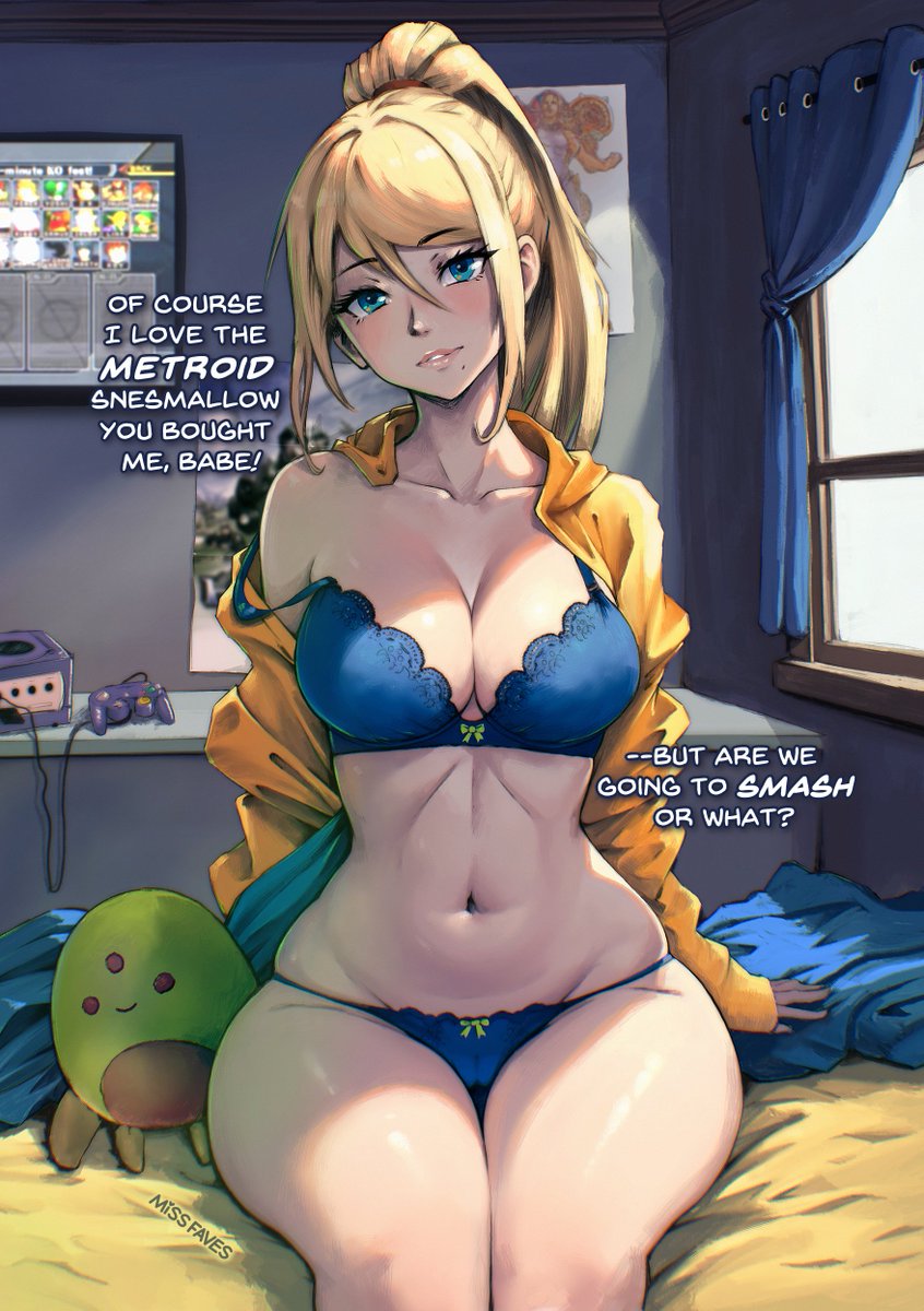 asking_for_it bedroom blonde_hair blue_bra blue_eyes blue_panties bra breasts cameltoe cleavage collarbone controller curtains english_text female fit_female game_console game_controller gamecube gamecube_controller high_ponytail highres jacket large_breasts legs_together long_hair metroid missfaves mole mole_under_mouth navel orange_jacket panties parted_lips poster_(object) samus_aran solo stomach strap_slip stuffed_toy super_smash_bros. super_smash_bros._melee underwear wide_hips window