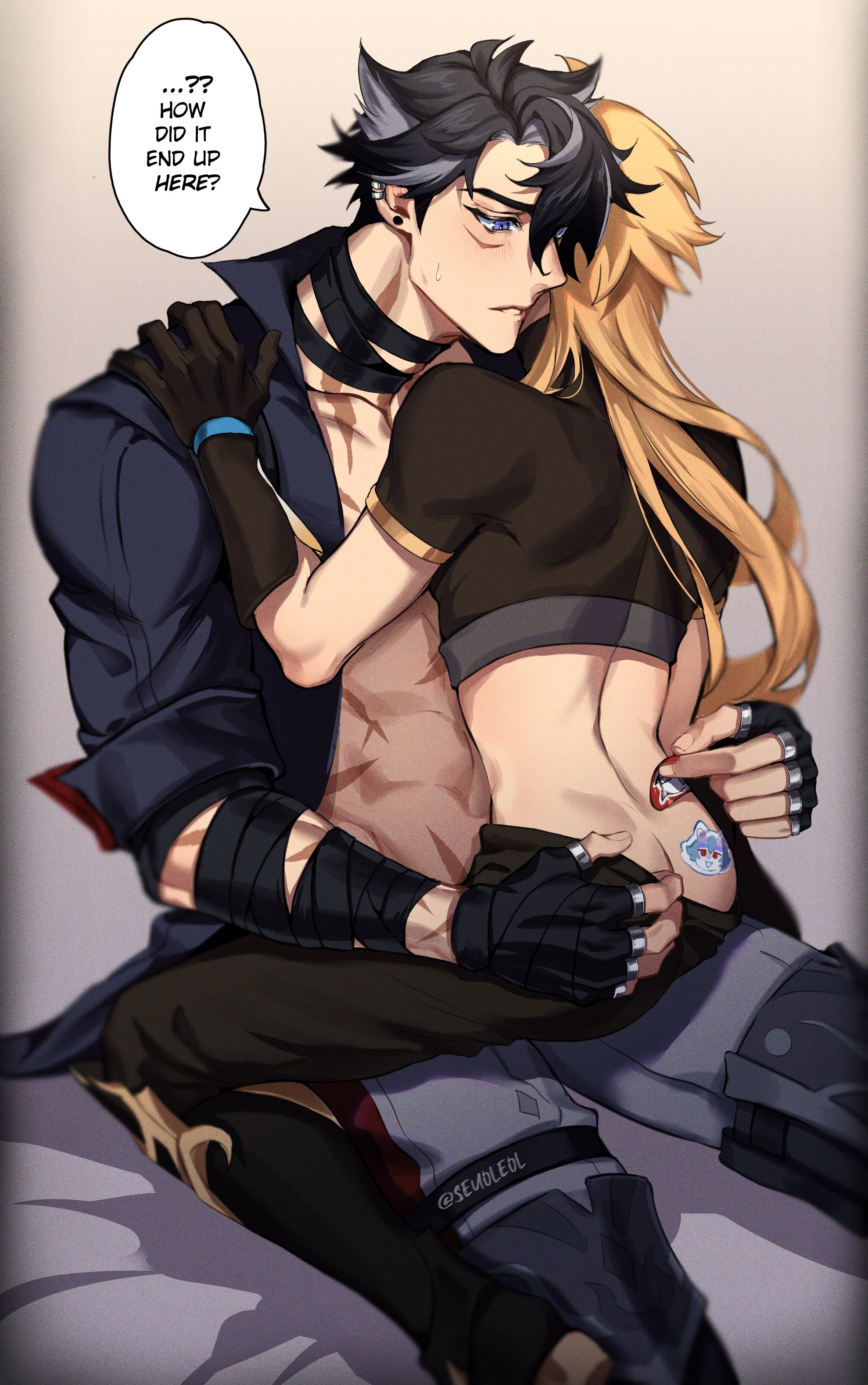2boys, aether (genshin impact), androgynous, english text, femboy, gay, genshin impact, hoyoverse, male, male only, seuoleol, size difference, text bubble, twink, wriothesley (genshin impact), yaoi