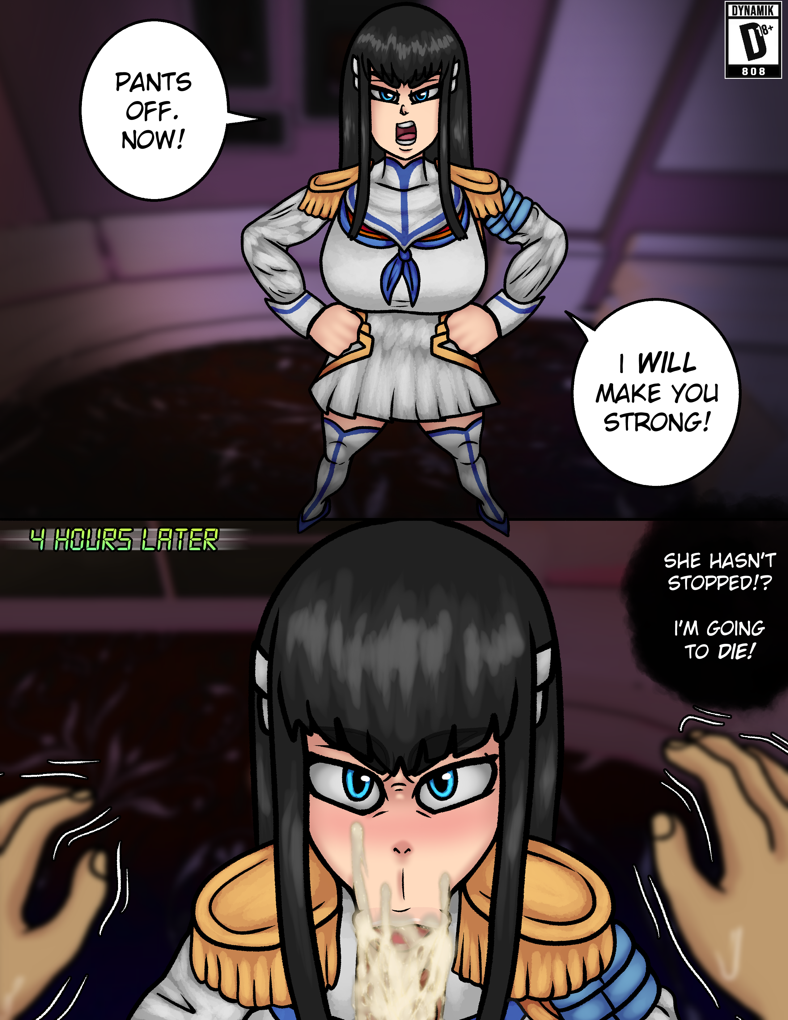 :>=, 1boy, 1girls, big breasts, black hair, blowjob, blue eyes, blush, breasts, busty, dynamik808, english text, fellatio, female, female focus, femdom, highres, hourglass figure, instant loss 2koma, junketsu, kill la kill, kiryuuin satsuki, large breasts, long hair, male, male pov, penis, pov, sex, speech bubble, studio trigger, tagme, text, thick eyebrows, veiny penis, wide hips