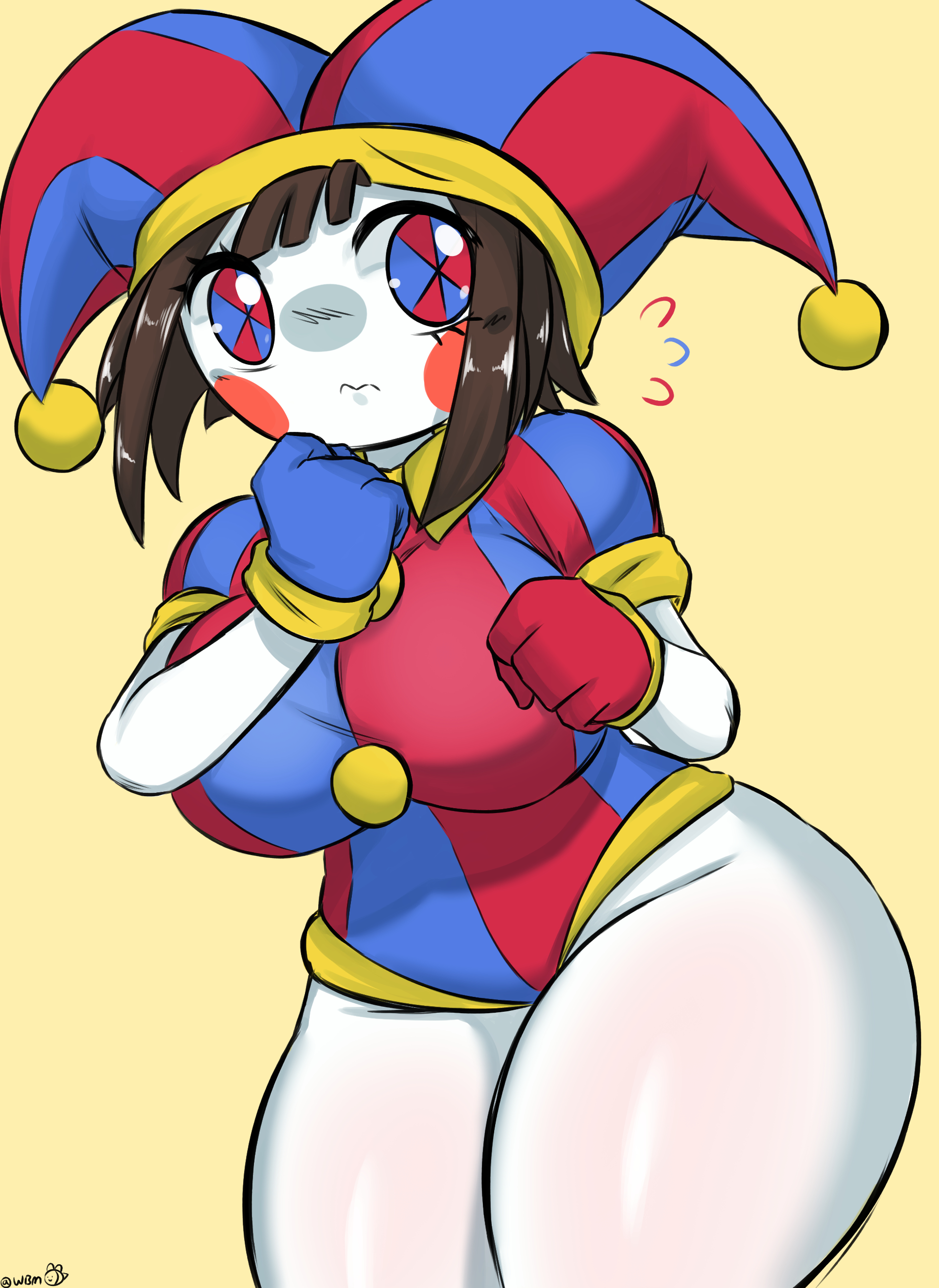 2023, 2d, 2d (artwork), 2d artwork, big breasts, breasts, brown hair, female, glitch productions, gloves, gooseworx, huge thighs, jester, jester costume, jester hat, jester outfit, looking to the side, nervous, pomni, pomni (the amazing digital circus), short hair, solid color background, tagme, the amazing digital circus, thick thighs, white body, woebeeme
