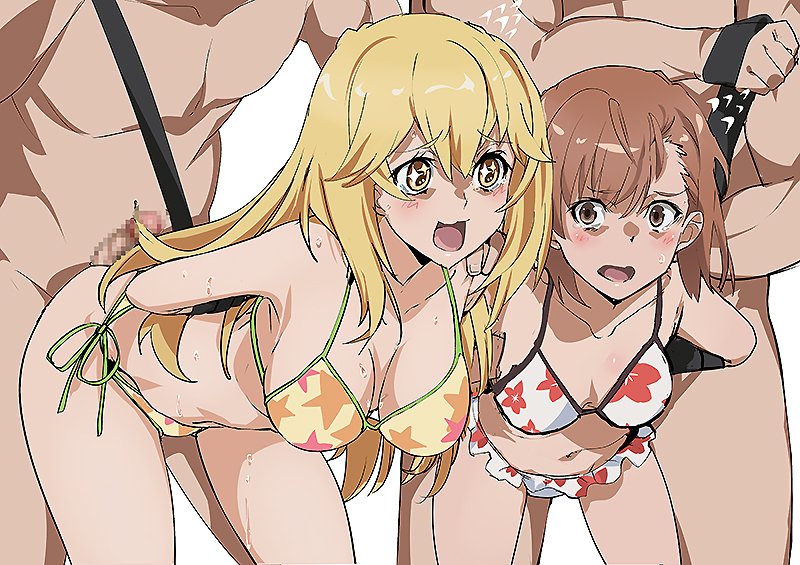 2boys 2girls arms_behind_back asymmetrical_bangs bent_over bikini blonde_hair bondage bound bound_arms breasts breasts_apart brown_eyes brown_hair censored clothed_female_nude_male collarbone commentary_request female femsub hair_behind_ear hair_between_eyes imminent_rape large_breasts long_hair misaka_mikoto mosaic_censoring multiple_boys multiple_girls multiple_subs navel nude open_mouth print_bikini restrained shokuhou_misaki short_hair side-tie_bikini_bottom small_breasts sparkling_eyes standing straight sweat swimsuit to_aru_kagaku_no_railgun to_aru_majutsu_no_index toranpo_rintarou white_background white_bikini yellow_bikini yellow_eyes