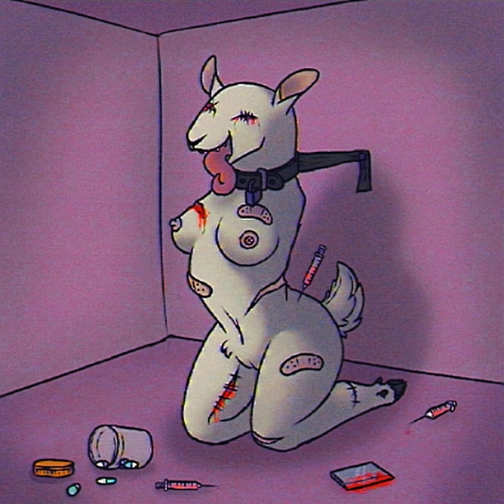 armless bandage bandaid blood bondage breasts collar eyes_sewn_shut female female_focus female_only goat guro hooves leash lock medical medical_instrument medical_play medical_syringe missing_arm needle no_arms original_character pills pink_background razor scar scars syringe tongue_out ungulate vhs_filter