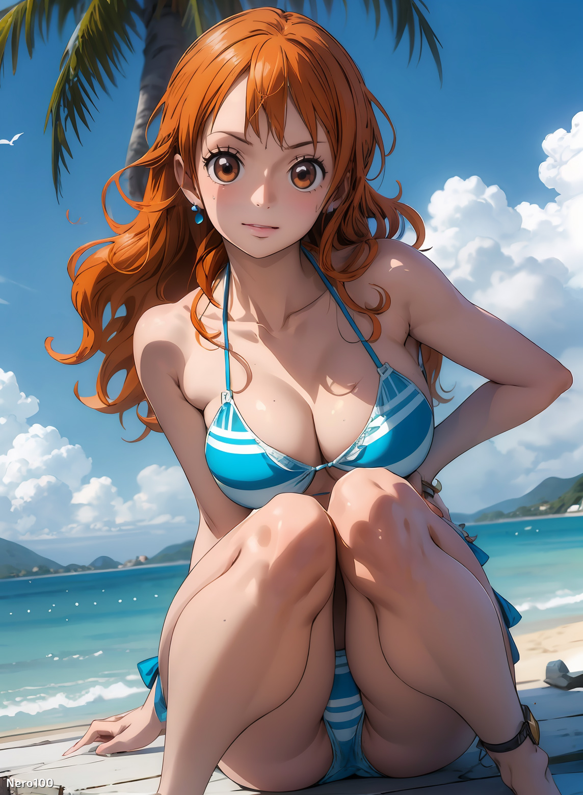 1girls, ai generated, ass, athletic, athletic female, bare shoulders, beach, belly, big breasts, bikini, bikini top, blue bikini, blue jeans, blush, breasts, brown eyes, cleavage, clothed, cloud, cowboy shot, curvy, curvy figure, detailed, earrings, eyelashes, female, female only, fit, fit female, from behind, ginger, high quality, horny, huge breasts, jeans, kneeing, large breasts, leaning forward, light skin, light-skinned female, lips, lipstick, long hair, looking at viewer, mascara, nami (one piece), navel, ocean, one piece, orange hair, outdoors, outside, pale skin, pale-skinned female, pants, posing, post-timeskip, sea, seaside, seductive, seductive eyes, seductive look, sitting, sky, solo, stable diffusion, stomach, tagme, thick ass, thick legs, thick thighs, upper body, wide hips, young