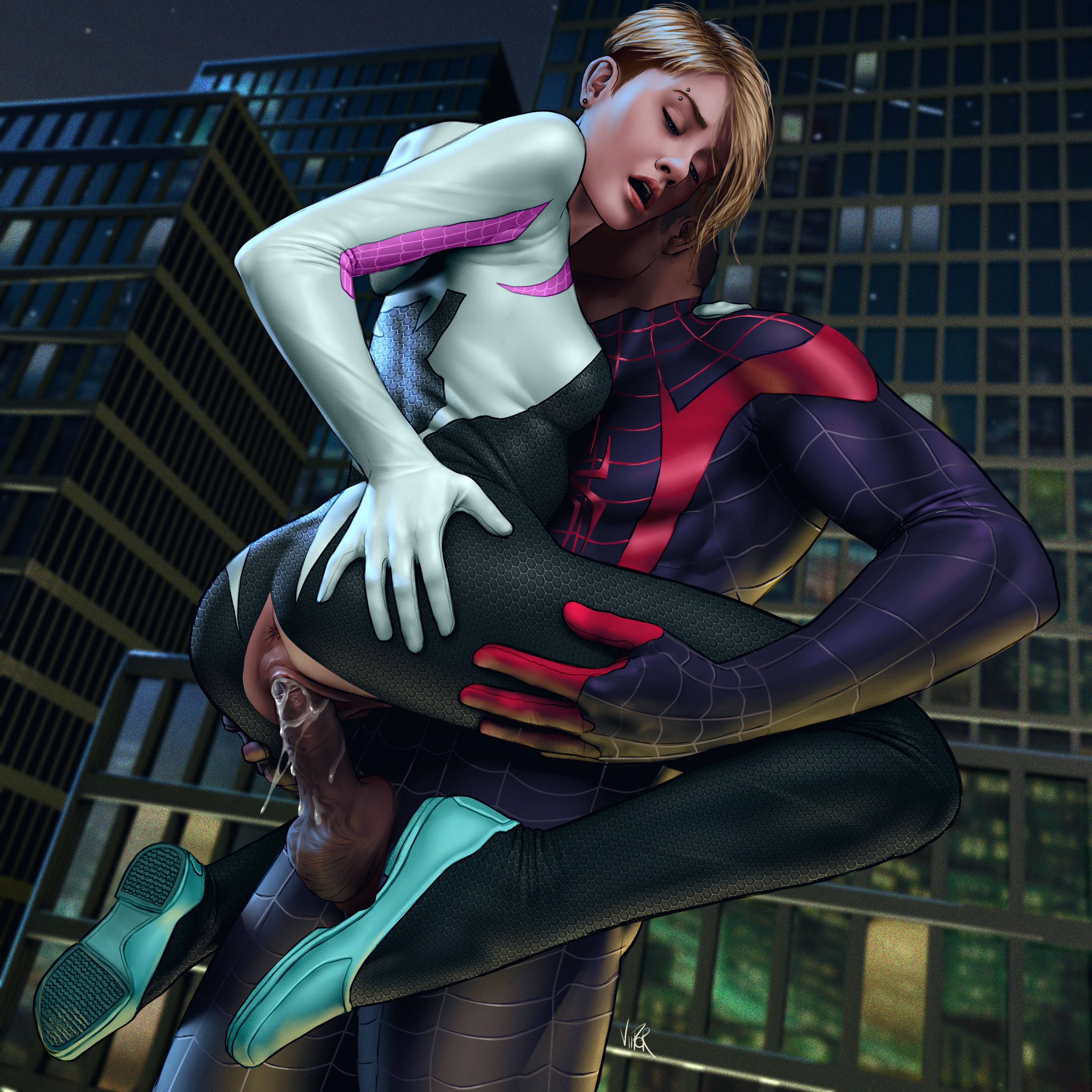 1boy, 1girls, couple, cum, cum in pussy, cum inside, dark skin, dark-skinned male, female, gwen stacy, interracial, male, marvel, marvel comics, miles morales, pussy, realistic, spider-gwen, spider-man, spider-man (series), spider-man: across the spider-verse, spider-man: into the spider-verse