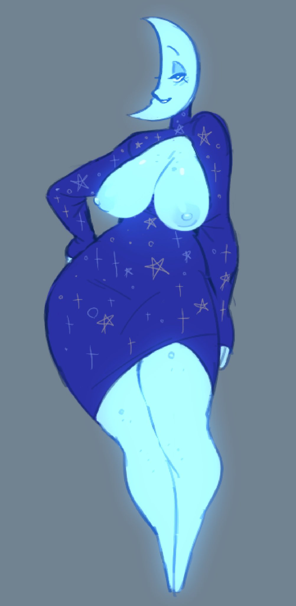 anthro averrbaverr big_breasts big_thighs blue_breasts blue_dress blue_eyes gooseworx huge_thighs looking_at_viewer moon moon_(the_amazing_digital_circus) nipples smiling the_amazing_digital_circus