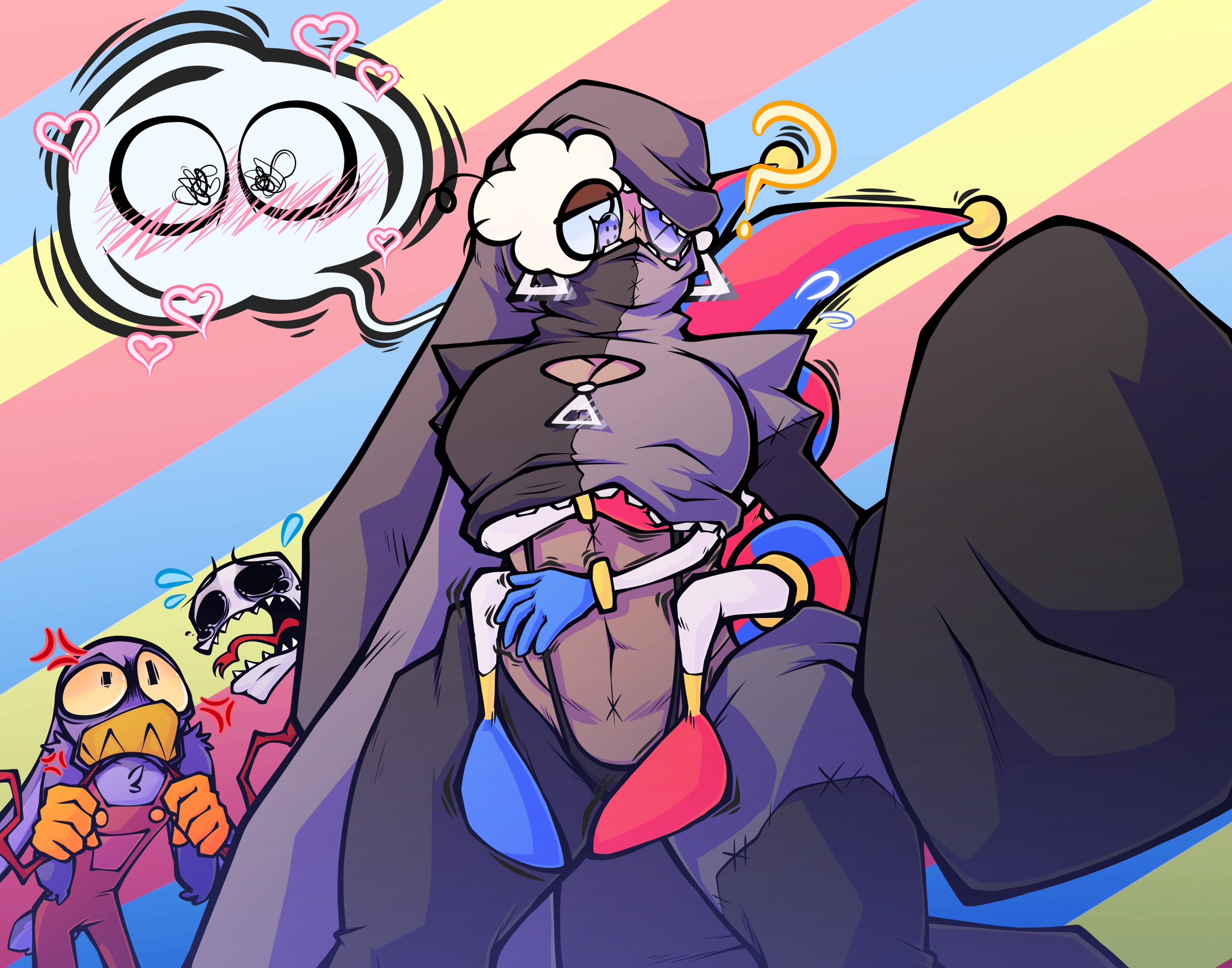 2023, 2d, 2d (artwork), 2d artwork, artist request, big breasts, big thighs, black skin, blush, boob window, breasts, brown hair, female, gangle (the amazing digital circus), glitch productions, gloves, gooseworx, heart, holding breast, huge thighs, hugging from behind, jax (the amazing digital circus), jester, jester costume, jester hat, jester outfit, oc, own character, pomni, pomni (the amazing digital circus), pulling clothing, short hair, smaller female, tagme, taller female, the amazing digital circus, thick thighs, white body, white hair
