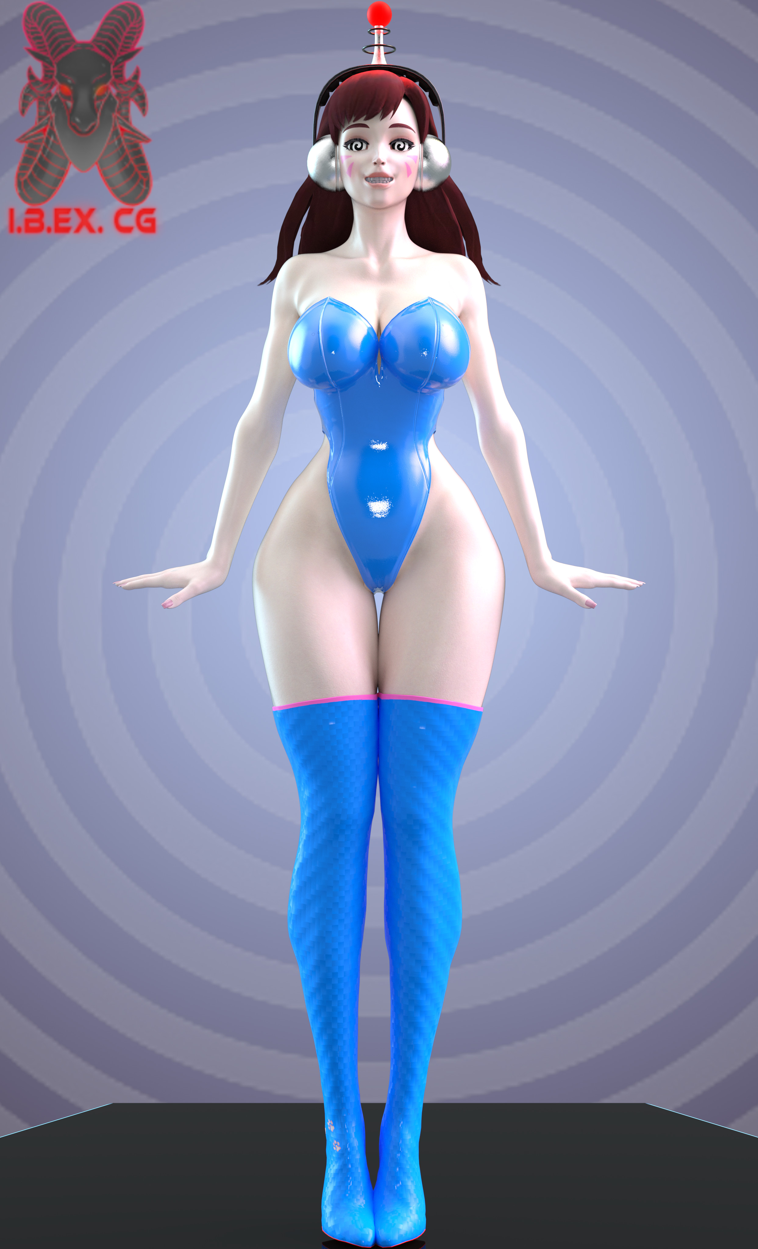 3d, ass, big ass, big butt, bimbo, body modification, brainwashing, breasts, d.va, female, fembot (ibex), hana song, headphones, hypnosis, ibex-cg, legwear, leotard, mind break, mind control, overwatch, pose, posing, slave, smile, thigh, thighhighs, wide hips