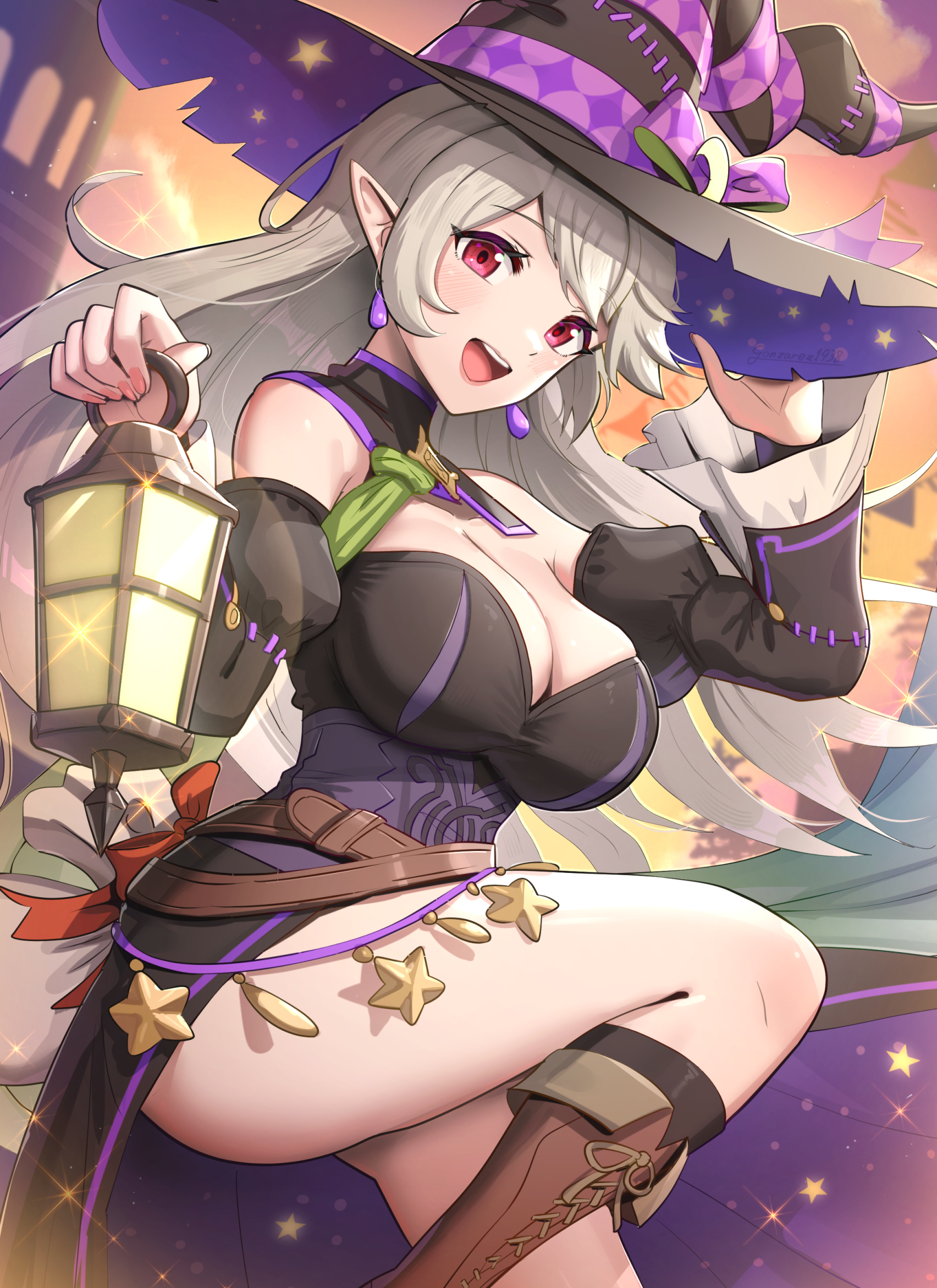 1girls, alternate costume, bare legs, belt, boots, breasts, brown footwear, building, cleavage, collar, collarbone, corrin (fire emblem), corrin (fire emblem) (female), detached collar, detached sleeves, dress, earrings, female, female only, fire emblem, fire emblem fates, fire emblem heroes, gonzarez, grey hair, halloween, halloween costume, hand on headwear, hat, highres, holding, holding lantern, jewelry, knee up, lantern, large breasts, long hair, looking at viewer, nail polish, nintendo, official alternate costume, open mouth, pointy ears, purple dress, red eyes, ribbon, smile, solo, star (symbol), thighs, twilight, witch, witch hat