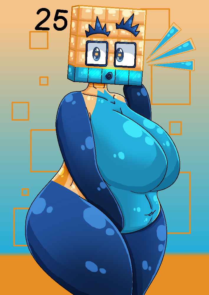 1girls 25_numberblocks :o anthro ass big_breasts big_tits blue_and_yellow blue_eyes blush cbeebies chubby chubby_female female_focus female_only girly jazzzeh51 multicolored_body non-human non-sexual nudist number numberblocks shocked shocked_expression solo solo_female square_head surprised thick_thighs twenty_five_(numberblocks)