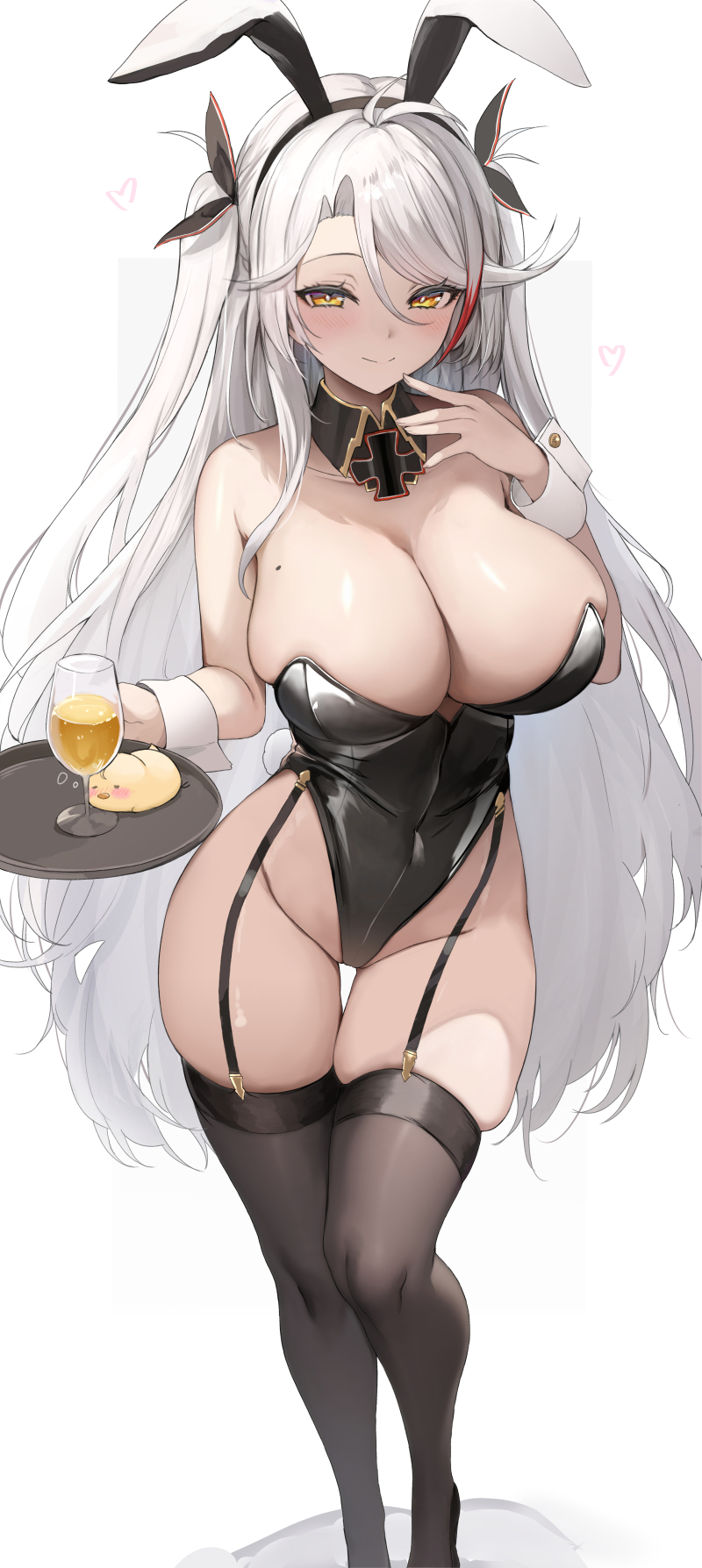 azur_lane beauty_mark bunny_ears bunny_girl bunnysuit closed_mouth collar cross detached_collar detached_sleeves garter_straps heart huge_breasts legwear luse_maonang mole mole_on_breast prinz_eugen_(azur_lane) red_potato_rinrin serving_drink serving_tray skindentation smile thick_thighs wide_hips