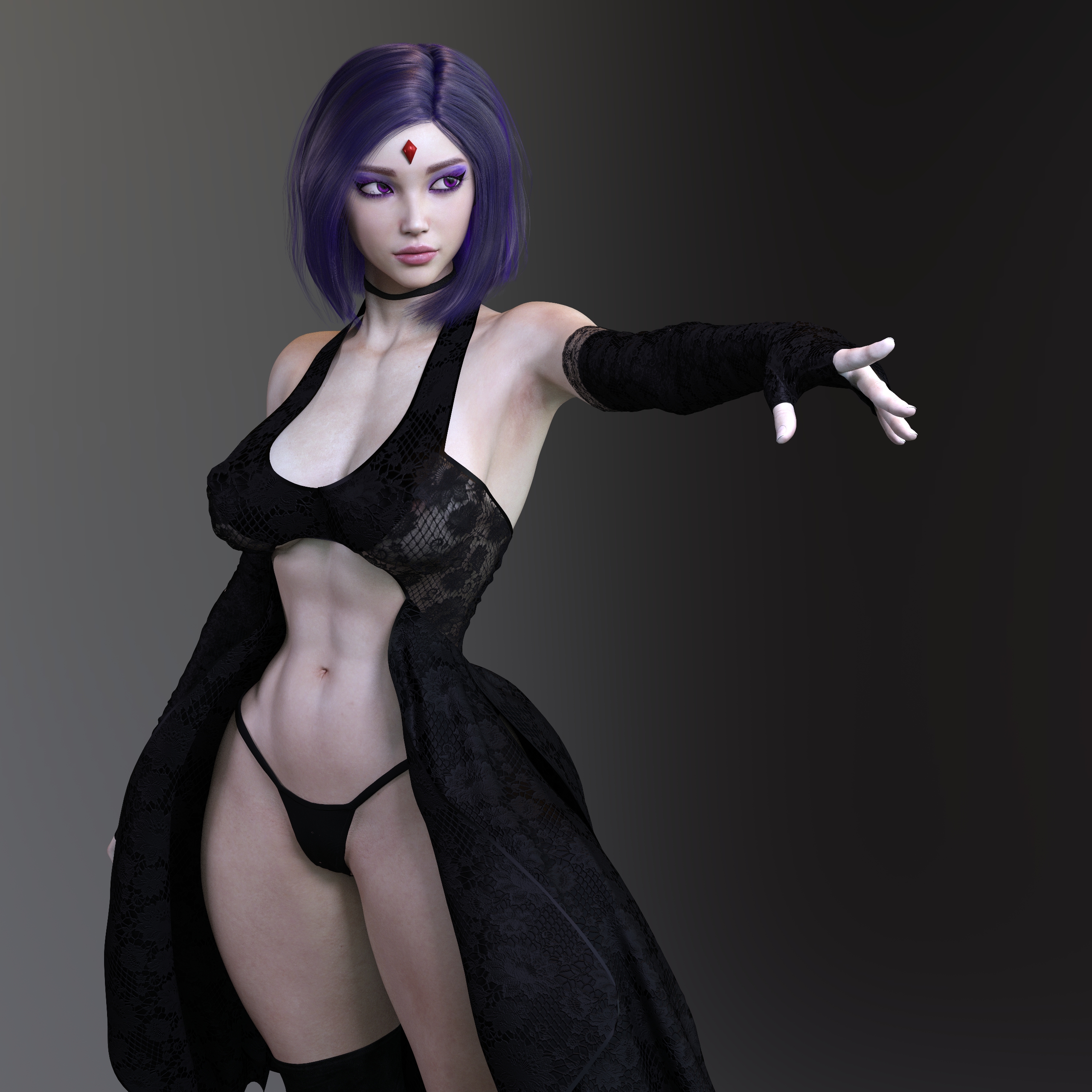 3d, abstract background, dc, dc comics, female, female focus, female only, gm studios, grey skin, lingerie, purple hair, rachel roth, raven (dc), short hair, simple background, solo, solo female, solo focus, teen titans