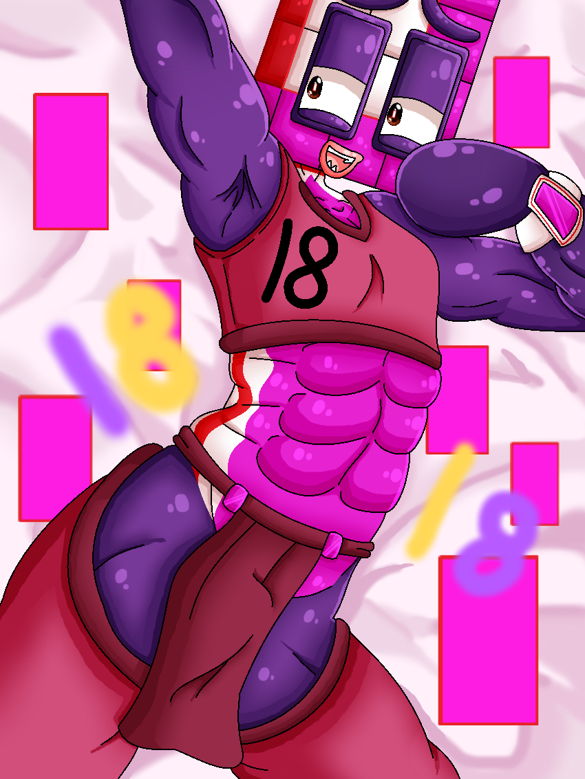 1boy abs anthro arm_up bedding brown_eyes cbeebies clothed clothed_male eighteen_(numberblocks) fangs jazzzeh51 muscles muscular_male number numberblocks pink_lips six_pack solo solo_male wristband