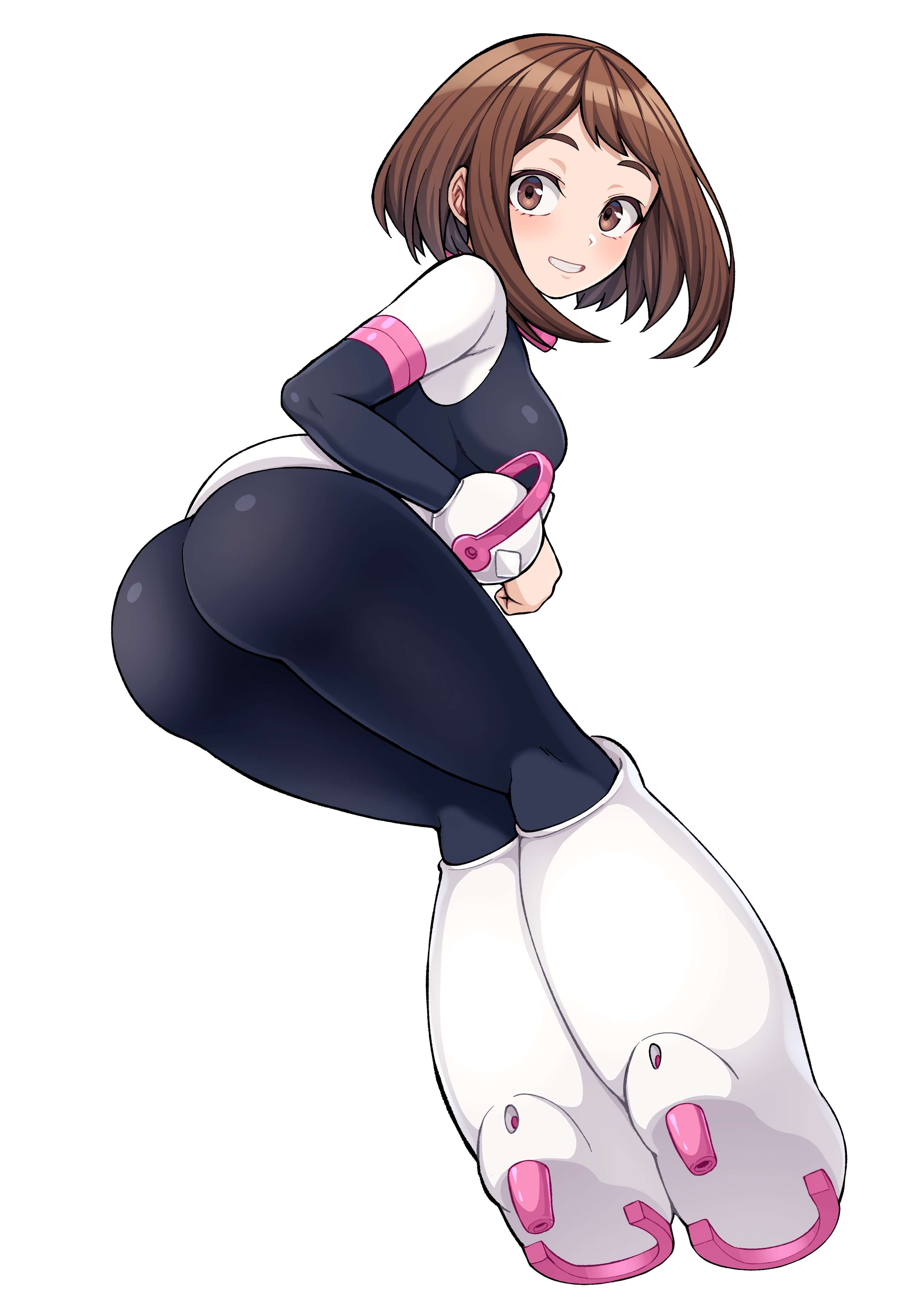  kobaji, 1girls, artist request, ass, boots, breasts, brown hair, brown-haired female, female, female only, hero outfit (mha), looking at viewer, my hero academia, ochako uraraka, ochako uraraka (hero outfit), sideboob, simple background, solo