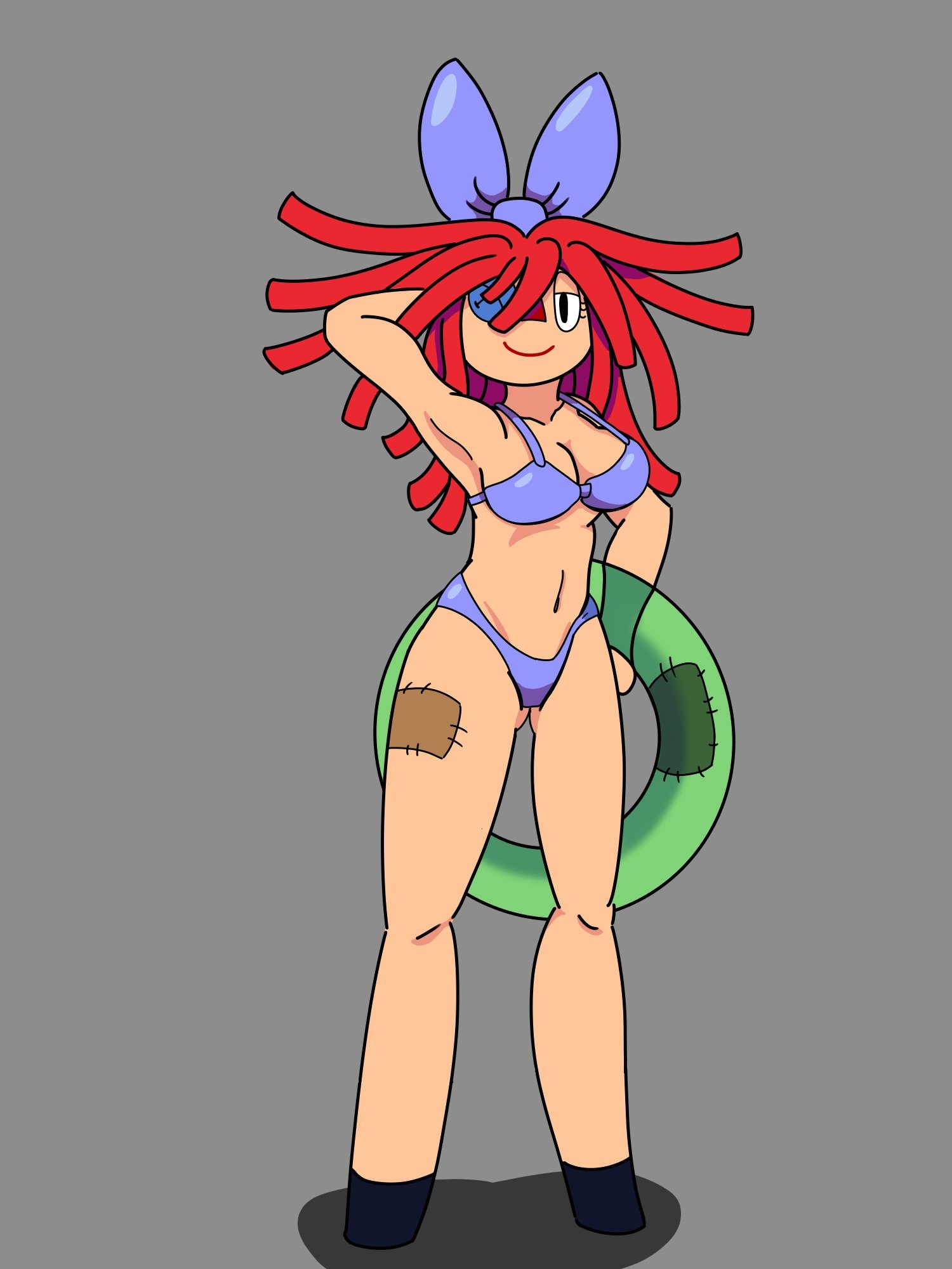 2023, 2d, 2d (artwork), 2d artwork, artist request, bikini, bow tie, breasts, button eyes, doll, female, glitch productions, gooseworx, hand behind head, looking at viewer, medium breasts, ragatha, ragatha (the amazing digital circus), red hair, smiling, tagme, the amazing digital circus, thighs