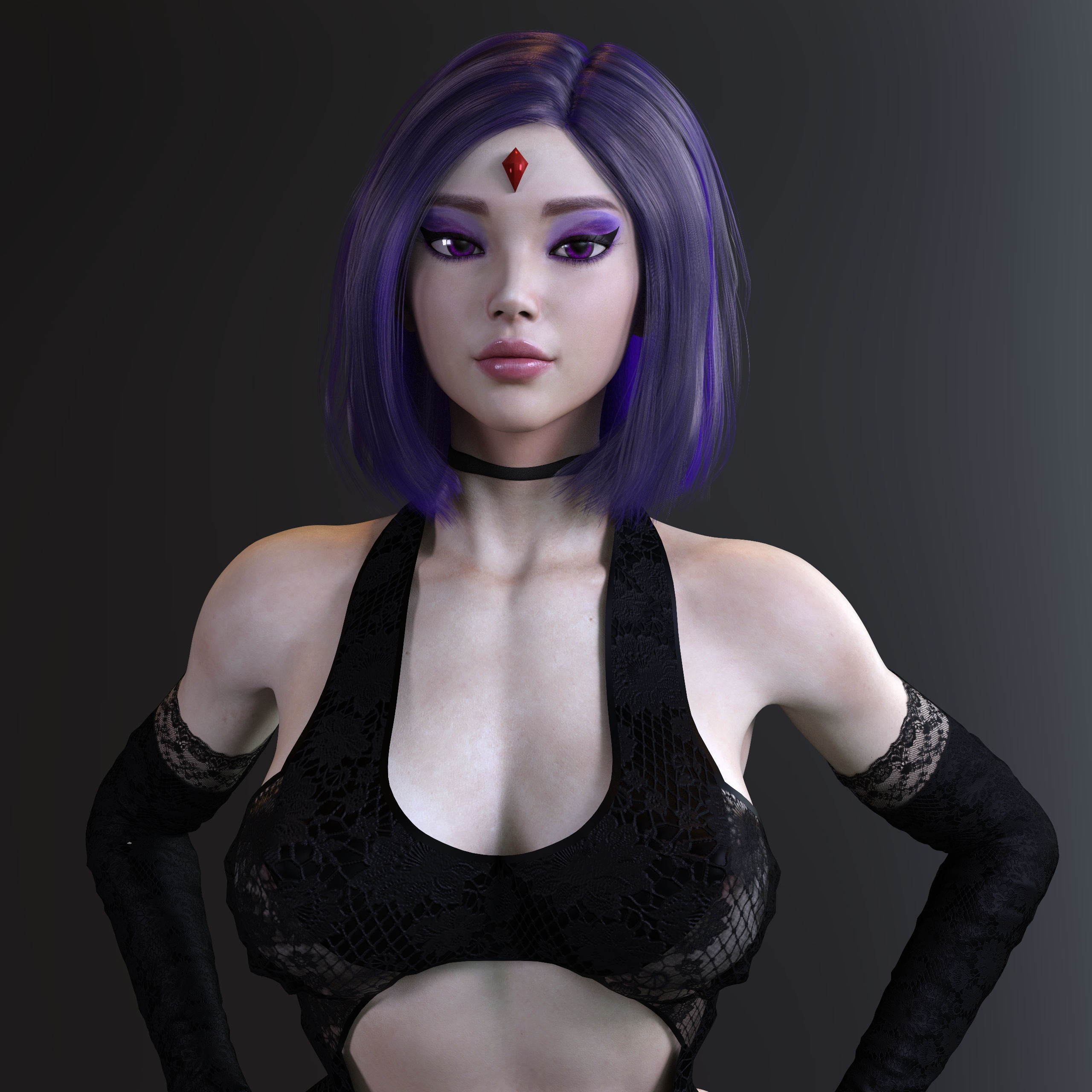 3d, abstract background, dc, dc comics, female, female focus, female only, gm studios, grey skin, lingerie, purple hair, rachel roth, raven (dc), short hair, simple background, solo, solo female, solo focus, teen titans