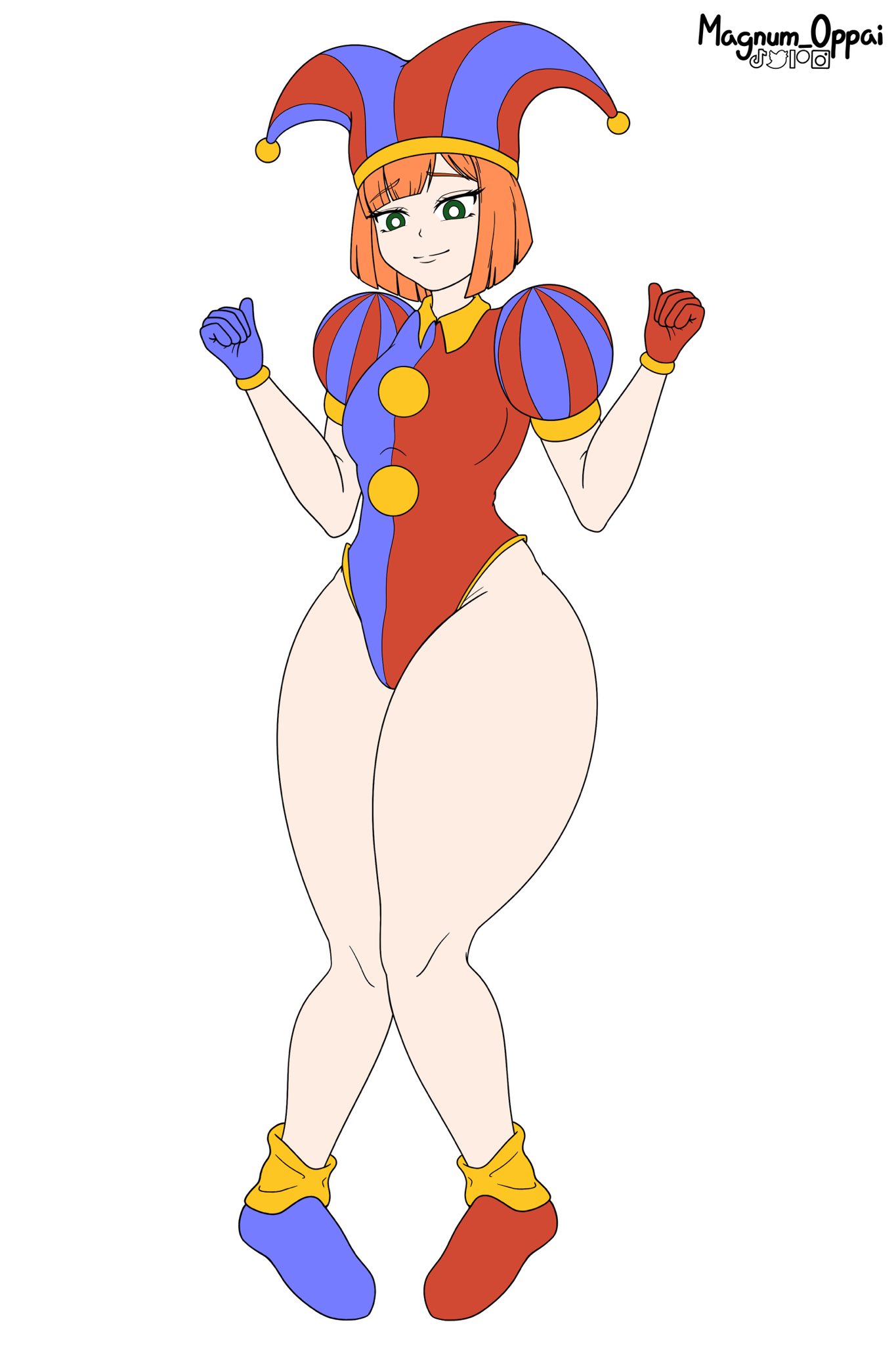 big_thighs cosplay crossover female gloves gooseworx jester jester_costume jester_hat jester_outfit looking_down mcdonald's mom_(japanese_mcdonald's_commercial) orange_hair pomni_(cosplay) short_hair small_breasts the_amazing_digital_circus thick_thighs unknown_artist wip yoru_mac