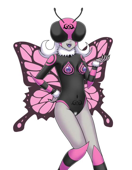 butterfly butterfly_humanoid butterfly_wings corruption dark_persona enemy_conversion female hair_color_change hair_growth helmet icelee monster_girl nipples nude post_transformation pussy skin_color_change small_breasts species_transformation transformation