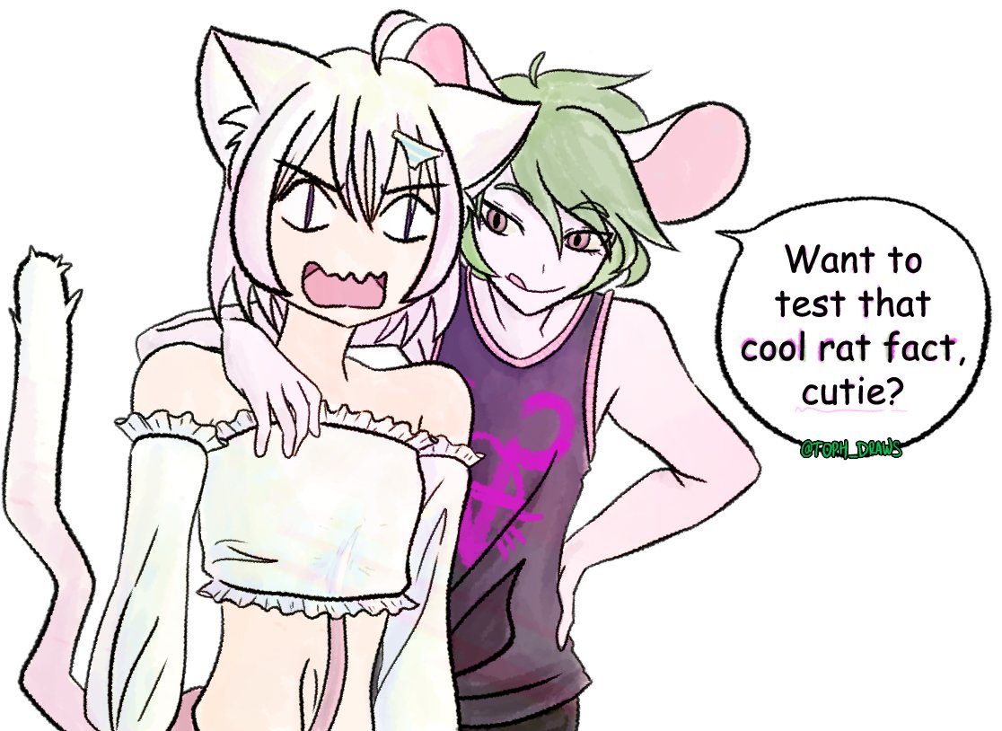 2boys artist_name cat_ears catboy clothed clothing cool_rat_fact_(meme) english_text feline femboy gay green_hair indie_virtual_youtuber licking licking_lips light-skinned_male light_skin looking_at_partner male_only meme mousarchy_(character) mouse mouse_boy mouse_ears mouse_tail open_mouth pink_body pink_ears pink_eyes pink_hair pink_tail purple_eyes shock shocked shocked_expression simple_background smol&stronk tail_around_partner tail_under_clothes text text_bubble toph_draws virtual_youtuber vtuber white_background white_ears white_hair white_tail_tip