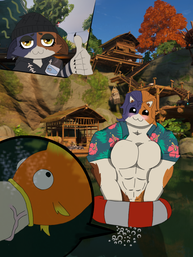 :>= :3 blowjob blush epic_games feline fish fishjob fortnite gay hiding male male_focus male_only meow_skulls_(fortnite) muscular_male sucking sucking_penis watching water