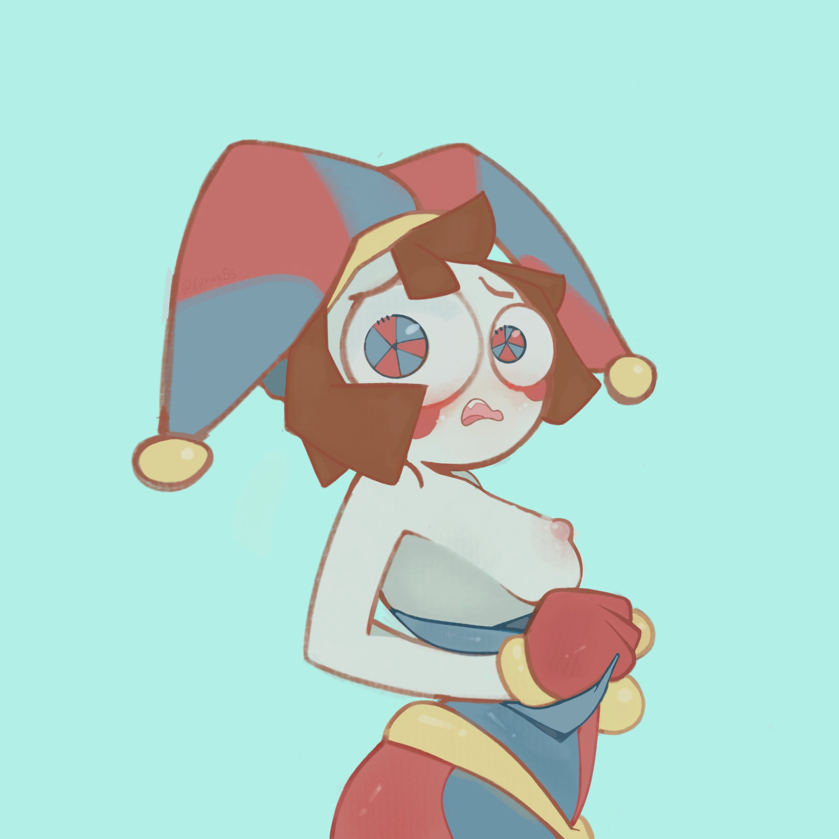 2023, 2d, 2d (artwork), 2d artwork, artist request, blush, breasts, brown hair, embarrassed, female, glitch productions, gloves, gooseworx, jester, jester costume, jester hat, jester outfit, looking at viewer, pomni, pomni (the amazing digital circus), removing clothing, short hair, small breasts, tagme, the amazing digital circus