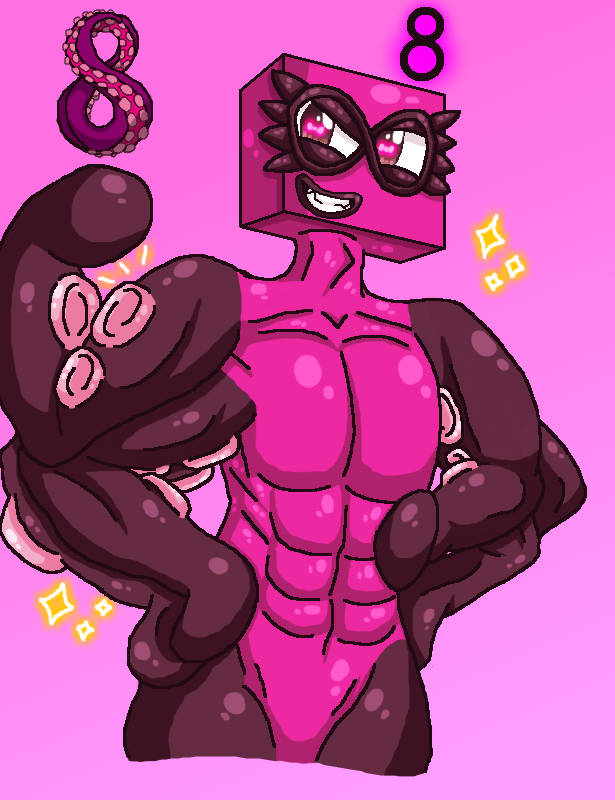 abs anthro brown_eyes eight_(numberblocks) fangs flexing jazzzeh51 masked masked_male multi_arm multi_limb muscles number numberblocks octopus octopus_humanoid pink_skin smiling suction_cup tentacle_arms