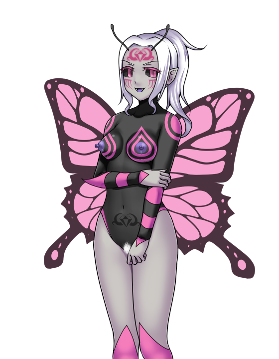 butterfly butterfly_humanoid butterfly_wings corruption dark_persona enemy_conversion female hair_color_change icelee monster_girl nipples nude post_transformation pussy skin_color_change small_breasts species_transformation transformation