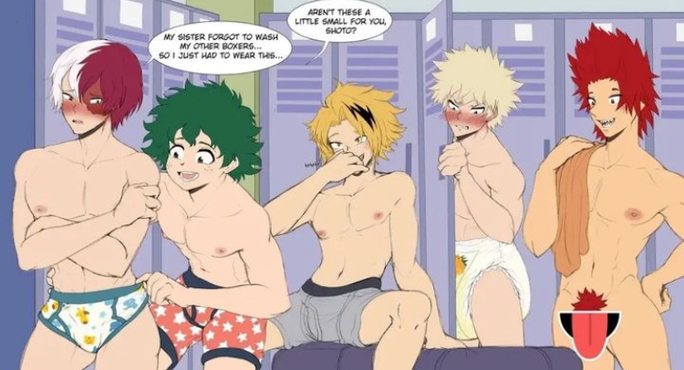 bakugou_katsuki black_hair blonde_hair blush boxers_(clothing) censored deku denki_kaminari diaper diaper_fetish eijirou_kirishima embarrassed green_hair izuku_midoriya locker_room male male_focus male_only multicolored_hair multiple_boys my_hero_academia pubic_hair red_hair todoroki_shouto underwear used_diaper white_hair xjio yellow_hair