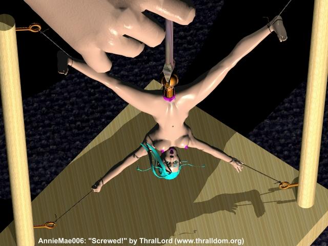 1990s 1999 20th_century 3d annie-mae_(thrallord) blue_hair bondage minigirl naked_female screw screwdriver shrunken_woman spread_eagle thrallord upside-down vaginal_object_insertion