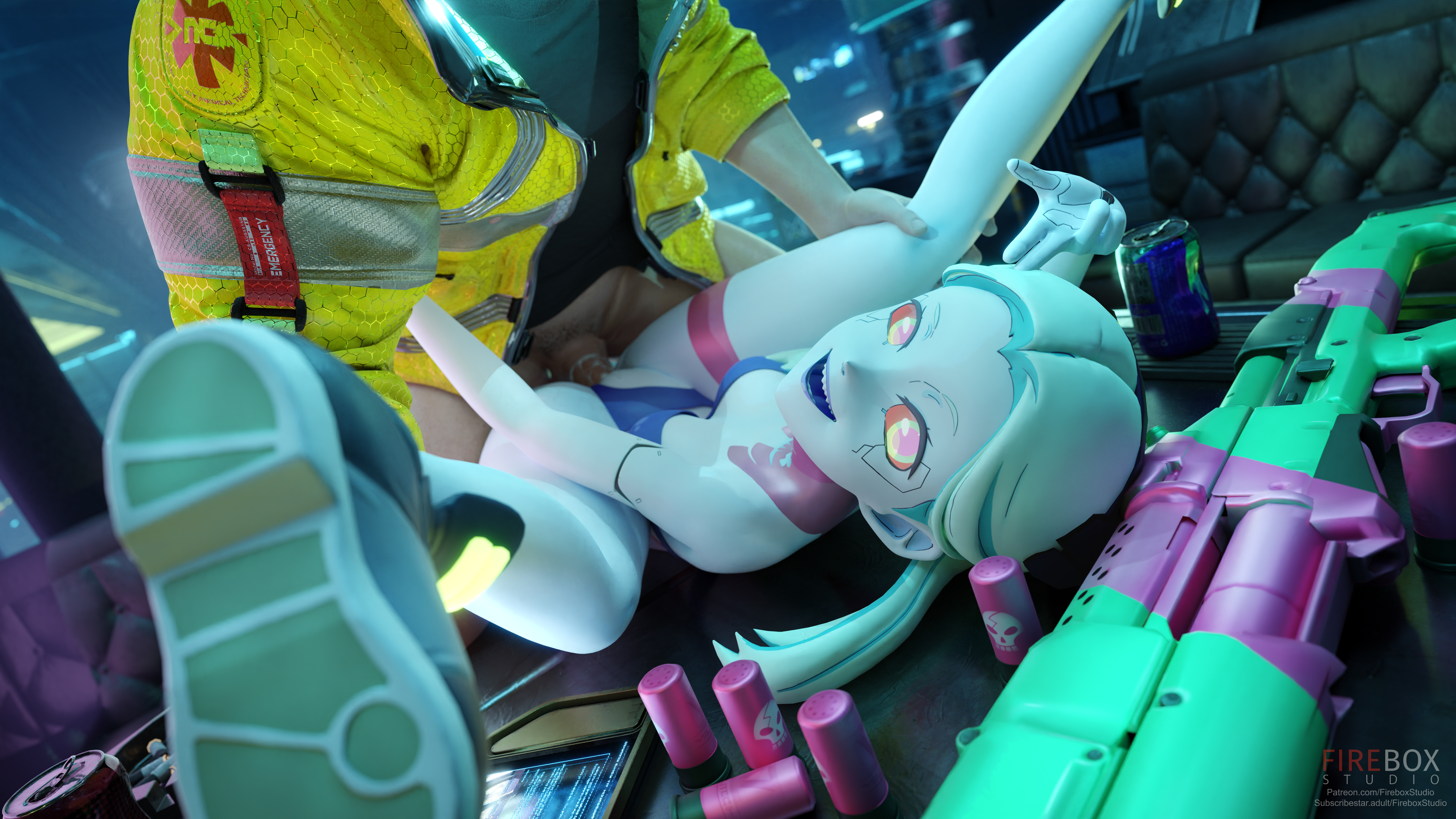 1boy, 1girls, 3d, balls, blender, blue bra, blue panties, bottomless, bra, cd projekt red, clothed, clothing, cum, cum in pussy, cum inside, cum on penis, cyberpunk 2077, cyberpunk: edgerunners, david martinez (edgerunners), detailed background, duo, erect penis, erection, faceless character, faceless male, female, female penetrated, fireboxstudio, highres, laying down, laying on back, legs held open, legs up, light skin, light-skinned male, looking at viewer, looking pleasured, male, male penetrating, male penetrating female, male/female, mating press, netflix, on back, on knees, panties, panties aside, penis, pleasure face, pussy, pussy lips, rebecca (edgerunners), robot, robot girl, robot humanoid, sex, shoes, smile, smiling, sneakers, spread legs, underwear, unseen male face, vagina, vaginal penetration, vaginal sex, watermark