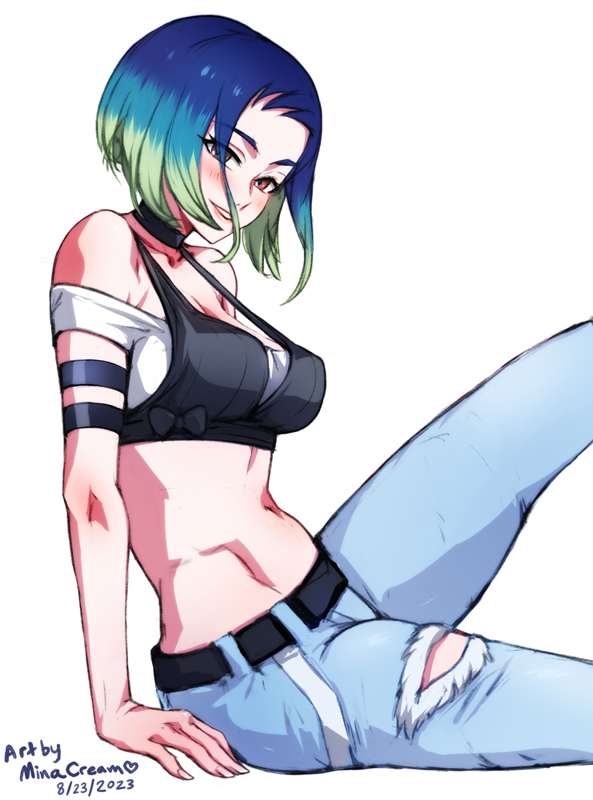 1girls, 2023, blue hair, blue-haired female, breasts, cleavage, female, female focus, female only, green hair, midriff, minacream, multicolored hair, nintendo, perrin (pokemon), pokemon, pokemon sv, red eyes, ripped clothing, ripped jeans, streetwear