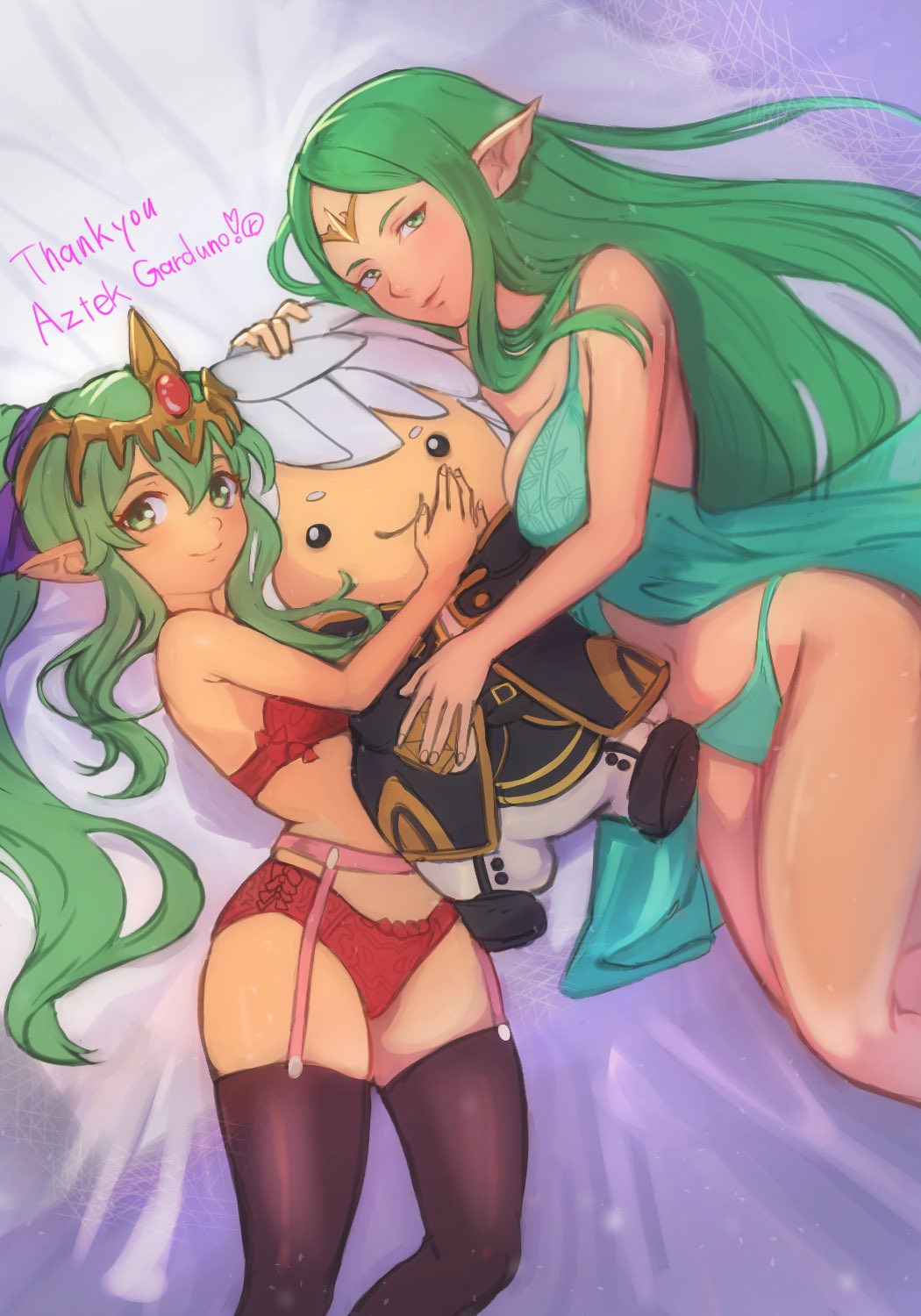 2girls bare_legs bare_midriff bare_thighs blue_panties bra breasts character_doll female female_only fire_emblem fire_emblem_awakening garter_belt green_eyes green_hair hair_between_eyes hug legs lingerie looking_at_viewer medium_breasts midriff mother_and_daughter multiple_girls naga_(fire_emblem) nintendo on_bed panties plushie pointy_ears ponytail r123 red_panties robin_(fire_emblem) robin_(fire_emblem)_(male) small_breasts smile thank_you thighhighs thighs tiki_(adult)_(fire_emblem) tiki_(fire_emblem) underwear very_long_hair